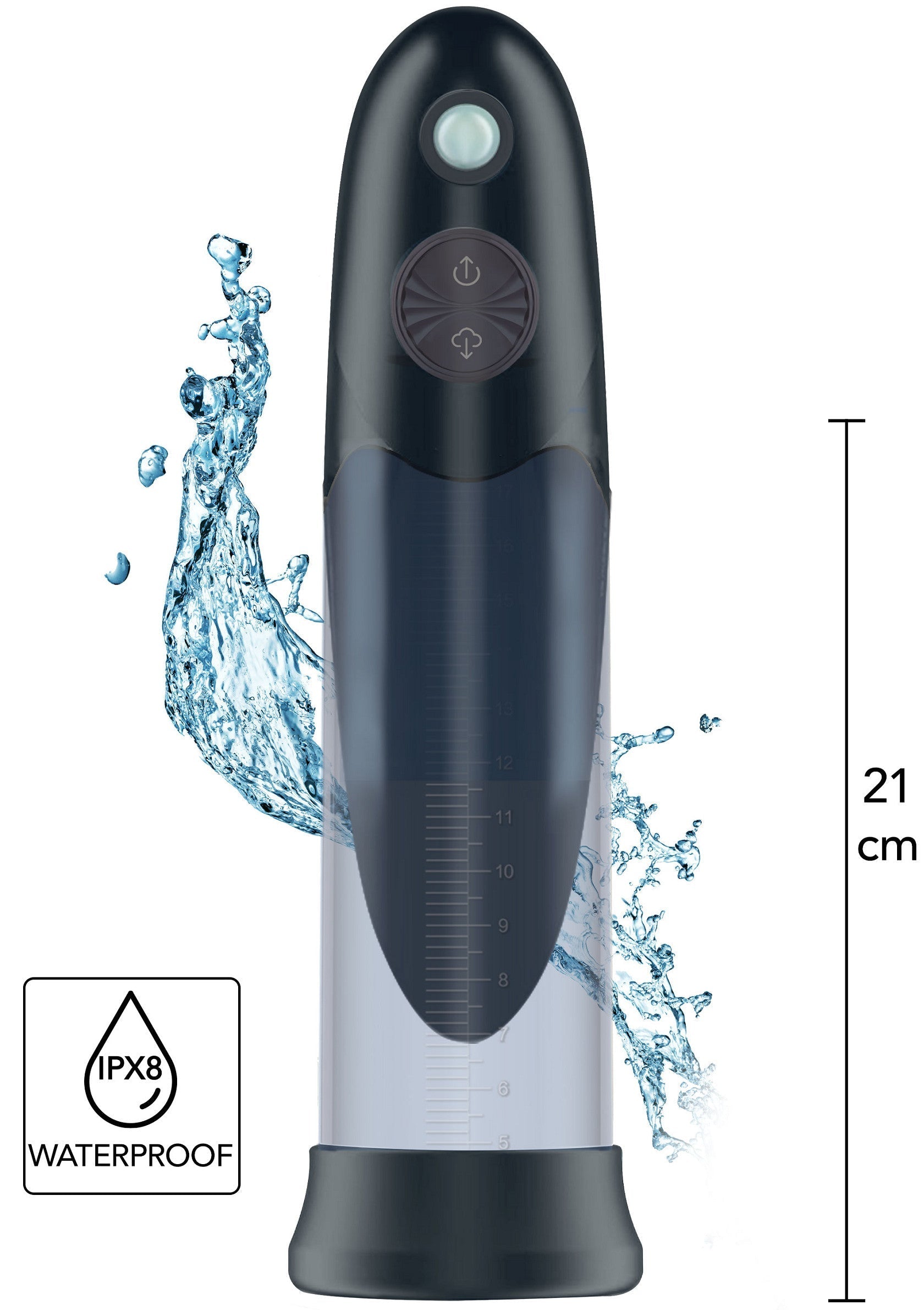 Pompe étanche (IPX8) de 21 cm pour le bain ou la douche. Conception ergonomique, facile à utiliser.; Waterdichte (IPX8) pomp van 21 cm voor bad of douche. Ergonomisch ontwerp, gemakkelijk te gebruiken.; 21cm Waterproof (IPX8) pump for bath or shower. Ergonomic design, easy to use.