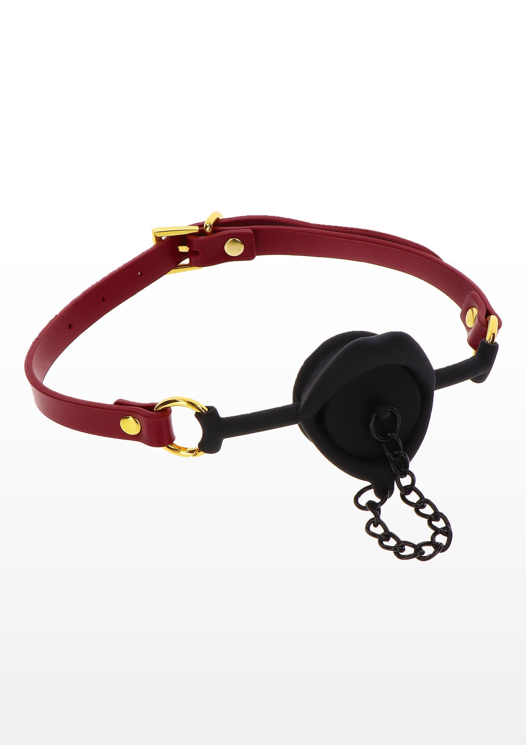 Bâillon buccal rouge et noir avec chaîne pour jeux coquins.; Rode en zwarte knevel met ketting voor ondeugende spelletjes.; Red and black gag with chain for kinky games.