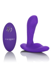 Vibromasseur vibrant violet CalExotics XO avec télécommande sans fil pour le plaisir et la stimulation.; CalExotics XO paarse vibrerende vibrator met draadloze afstandsbediening voor genot en stimulatie.; CalExotics XO purple vibrating vibrator with wireless remote for pleasure and stimulation.