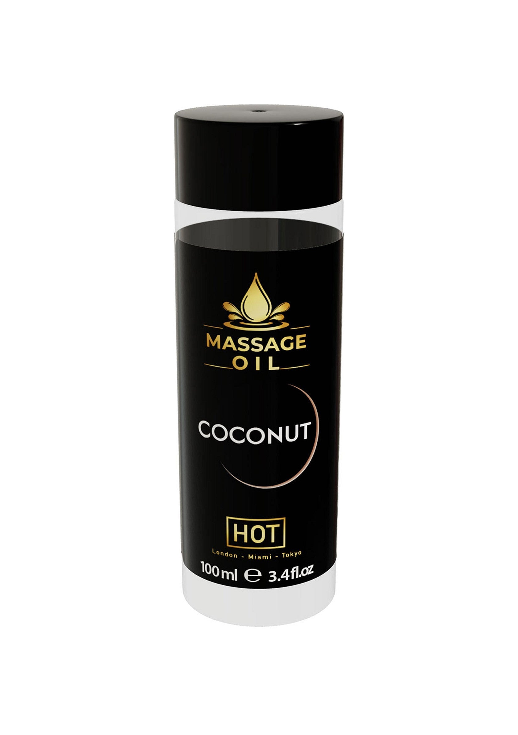 Huile de massage chauffante à la noix de coco. Détendez-vous avec ce produit sensuel et aromatique de 100ml.; Verwarmende massageolie met kokosnoot. Ontspan met dit sensuele, aromatische product van 100ml.; Coconut scented hot massage oil. Relax with this sensual and aromatic 100ml product.
