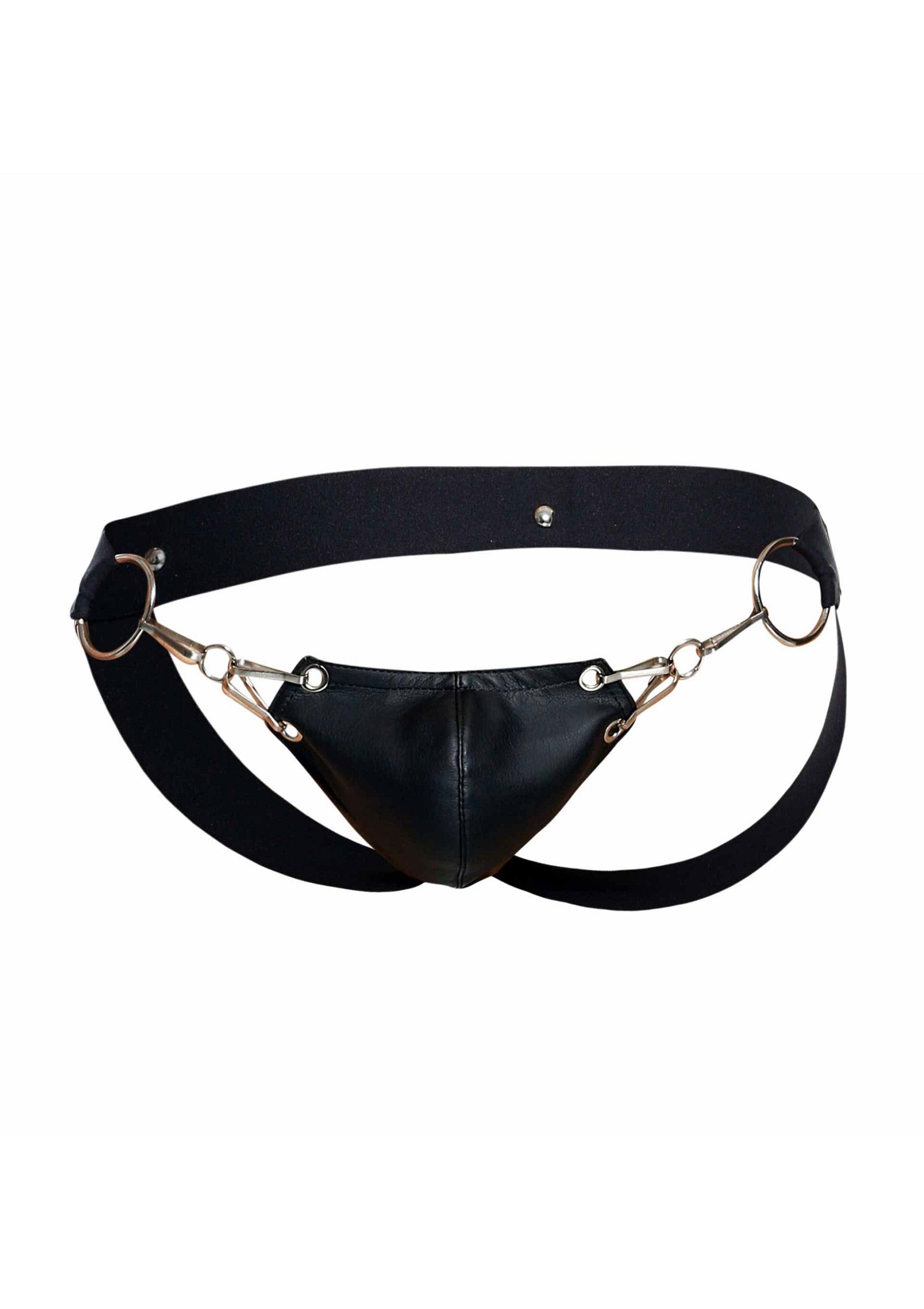 String en cuir noir avec anneaux métalliques pour homme. Sexy et audacieux !; Zwarte leren string met metalen ringen voor mannen. Sexy en stoer!; Black leather jockstrap with metal rings for men. Sexy and daring!