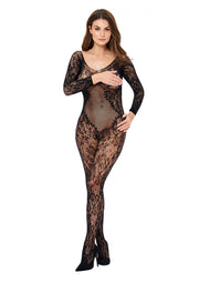 Body en dentelle noire avec manches longues et motif floral. Lingerie séduisante et élégante pour une touche de glamour.; Zwarte kanten body met lange mouwen en bloemmotief. Verleidelijke en elegante lingerie voor een vleugje glamour.; Black lace bodysuit with long sleeves and floral pattern. Seductive and elegant lingerie for a touch of glamor.