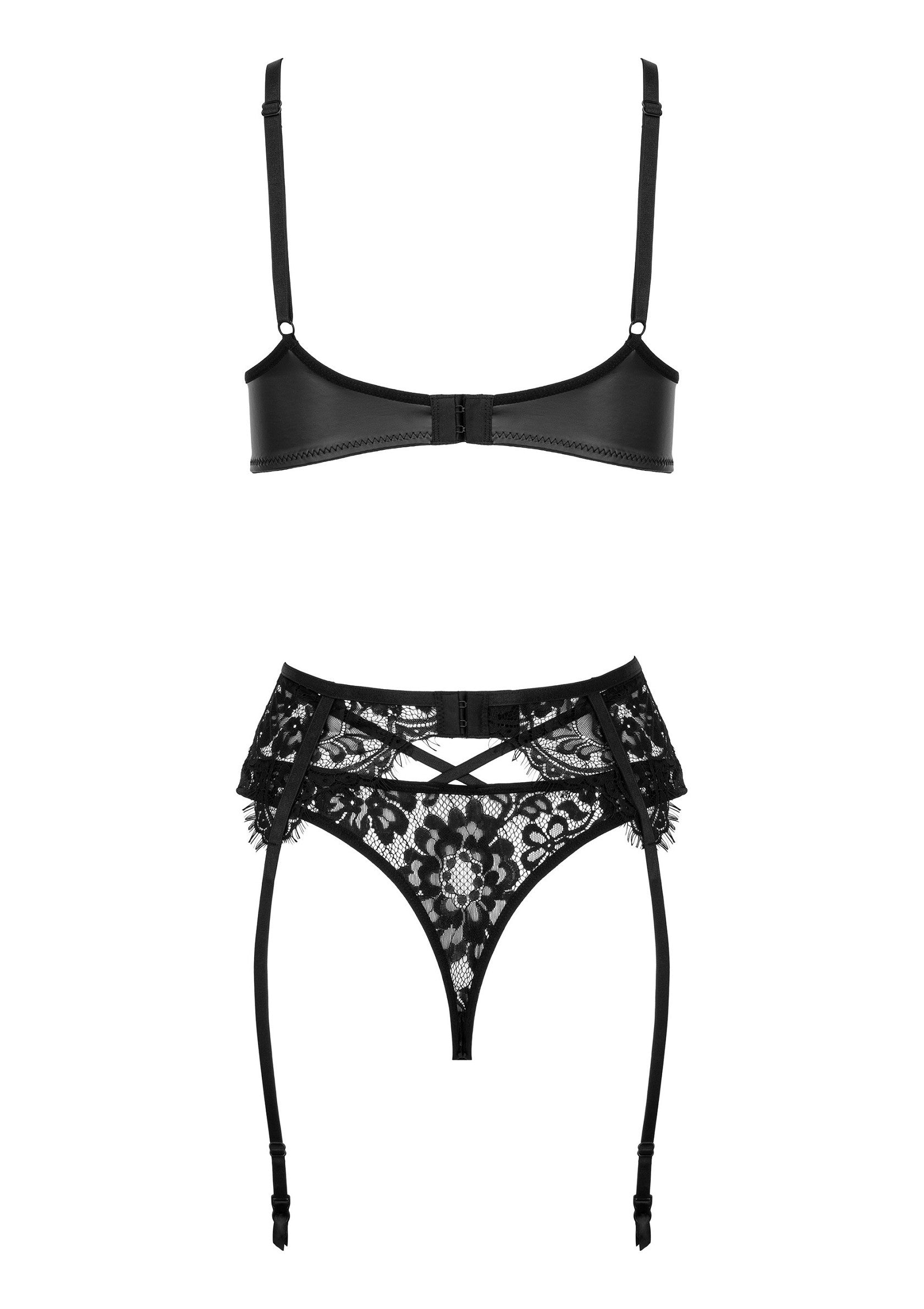 Ensemble de lingerie noir, soutien-gorge et porte-jarretelles en dentelle florale. Élégant et séduisant.; Zwarte lingerie set, bh en jarretelgordel met bloemenkant. Elegant en verleidelijk.; Black lingerie set, bra and garter belt with floral lace. Elegant and seductive.