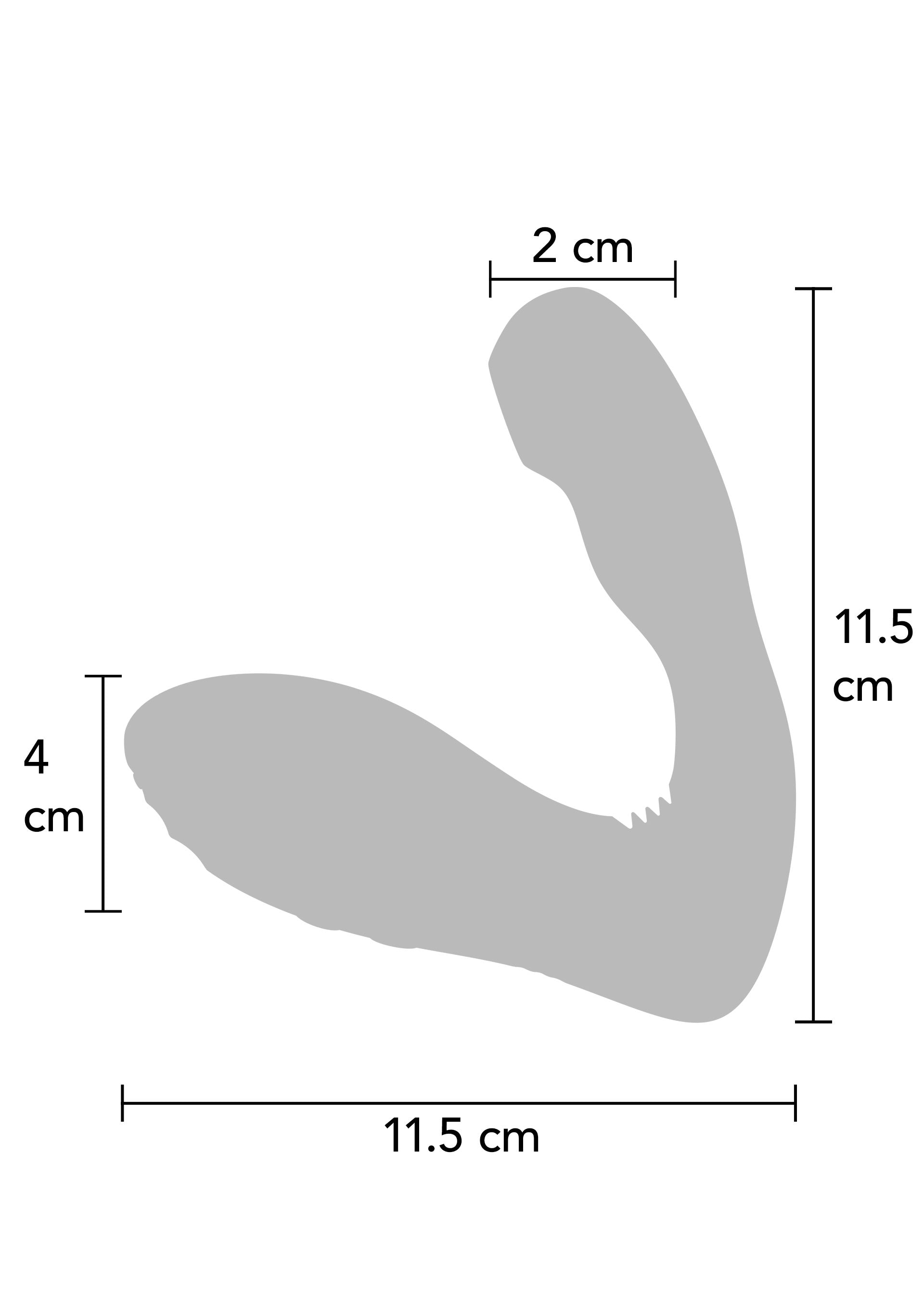 Dessin technique d'un stimulateur clitoridien vibrant avec des mesures de 11.5cm x 4cm x 2cm.; Technische tekening van een vibrerende clitorisstimulator met afmetingen van 11.5cm x 4cm x 2cm.; Technical drawing of a vibrating clitoral stimulator with measurements of 11.5cm x 4cm x 2cm.