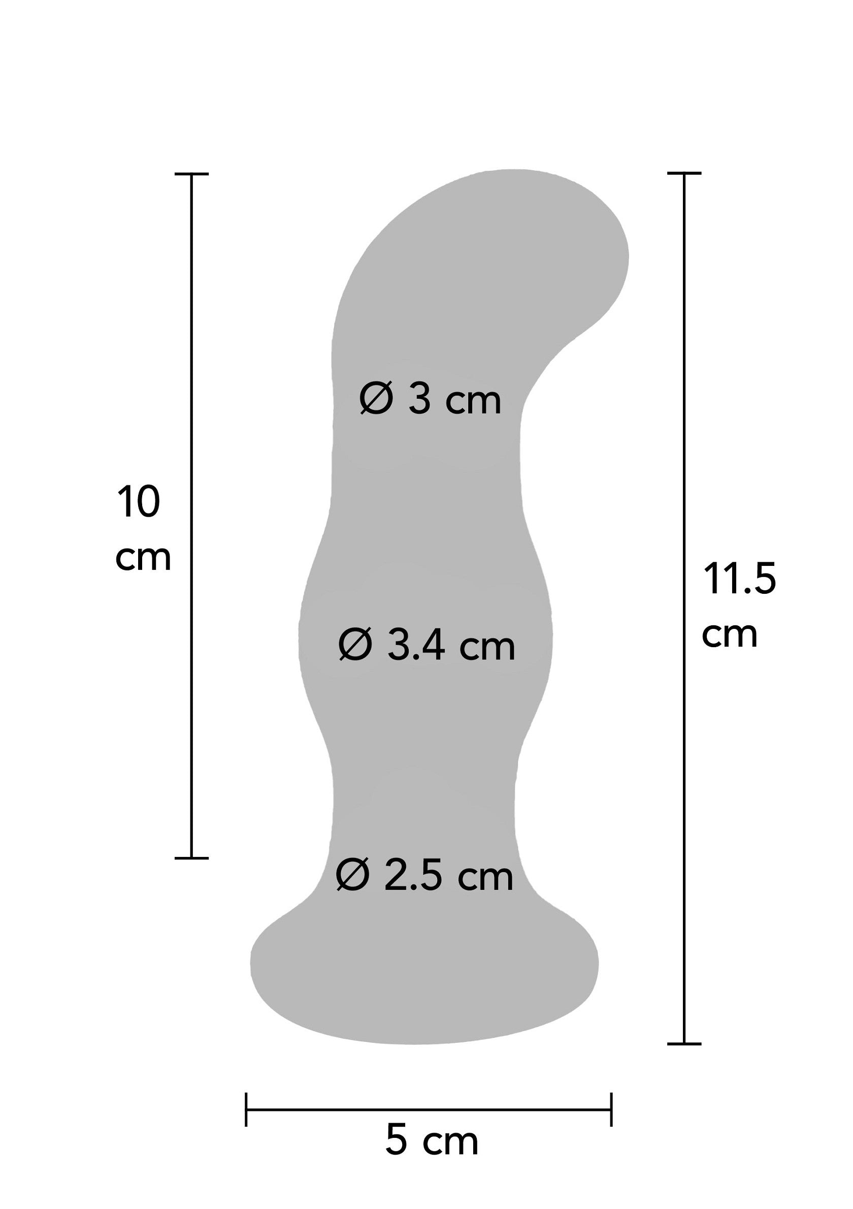 Diagramme des dimensions d'un sextoy anal. Dimensions: 10 cm x 5 cm x 11.5 cm. Diamètres: 3 cm, 3.4 cm, 2.5 cm.; Afmetingen diagram van een anale seksspeeltje. Afmetingen: 10 cm x 5 cm x 11.5 cm. Diameters: 3 cm, 3.4 cm, 2.5 cm.; Dimensions diagram of an anal sex toy. Dimensions: 10 cm x 5 cm x 11.5 cm. Diameters: 3 cm, 3.4 cm, 2.5 cm.