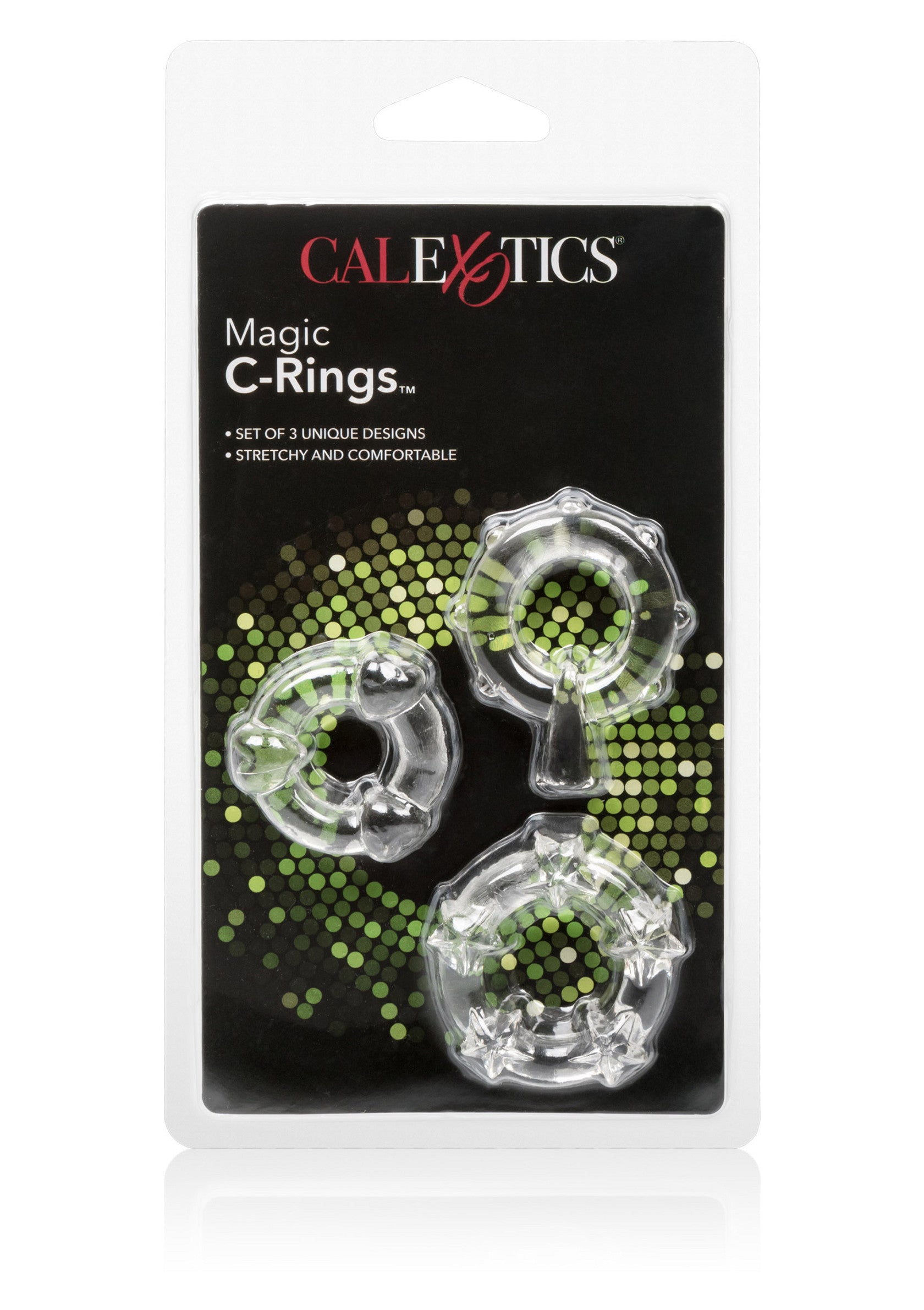Anneaux péniens CalExotics Magic C-Rings. Jeu de 3 designs uniques, extensibles et confortables.; CalExotics Magic C-Rings penisringen. Set van 3 unieke designs, rekbaar en comfortabel.; CalExotics Magic C-Rings cock rings. Set of 3 unique designs, stretchy and comfortable.