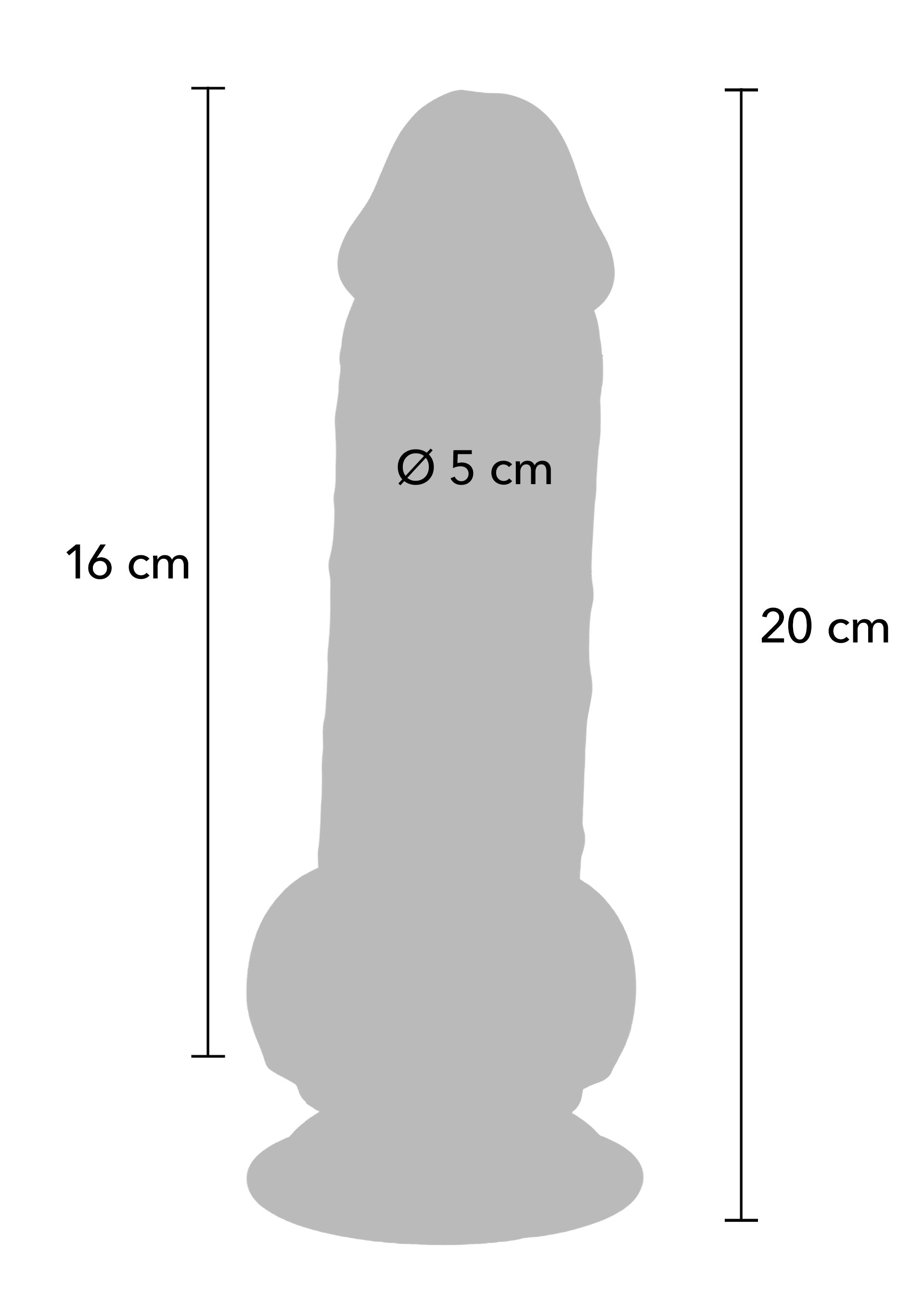 Dessin technique d'un gode avec une base à ventouse et des dimensions indiquées.; Technische tekening van een dildo met zuignapvoet en aangegeven afmetingen.; Technical drawing of a dildo with suction cup base and dimensions indicated.