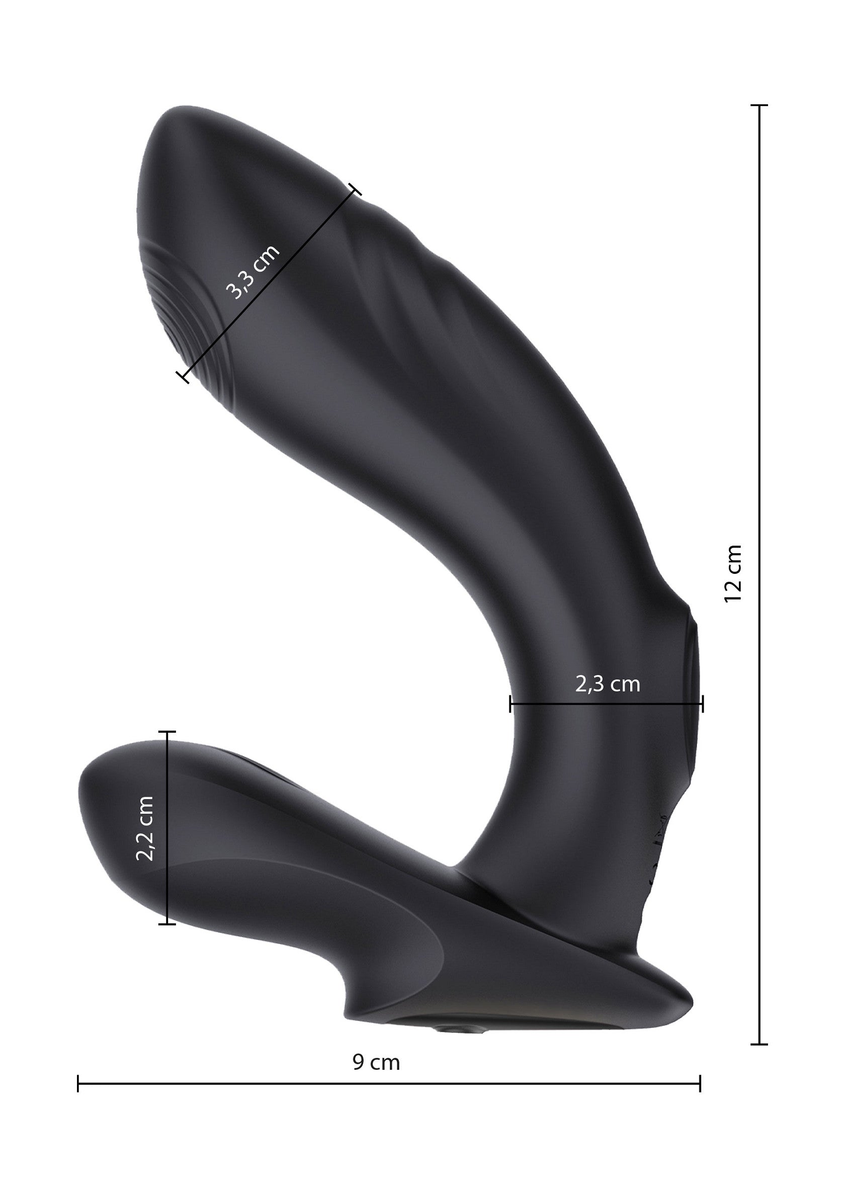 Gode de prostate noir avec dimensions indiquées. Plaisir intense garanti.; Zwarte prostaat dildo met afmetingen aangegeven. Gegarandeerd intens genot.; Black prostate dildo with dimensions shown. Guaranteed intense pleasure.