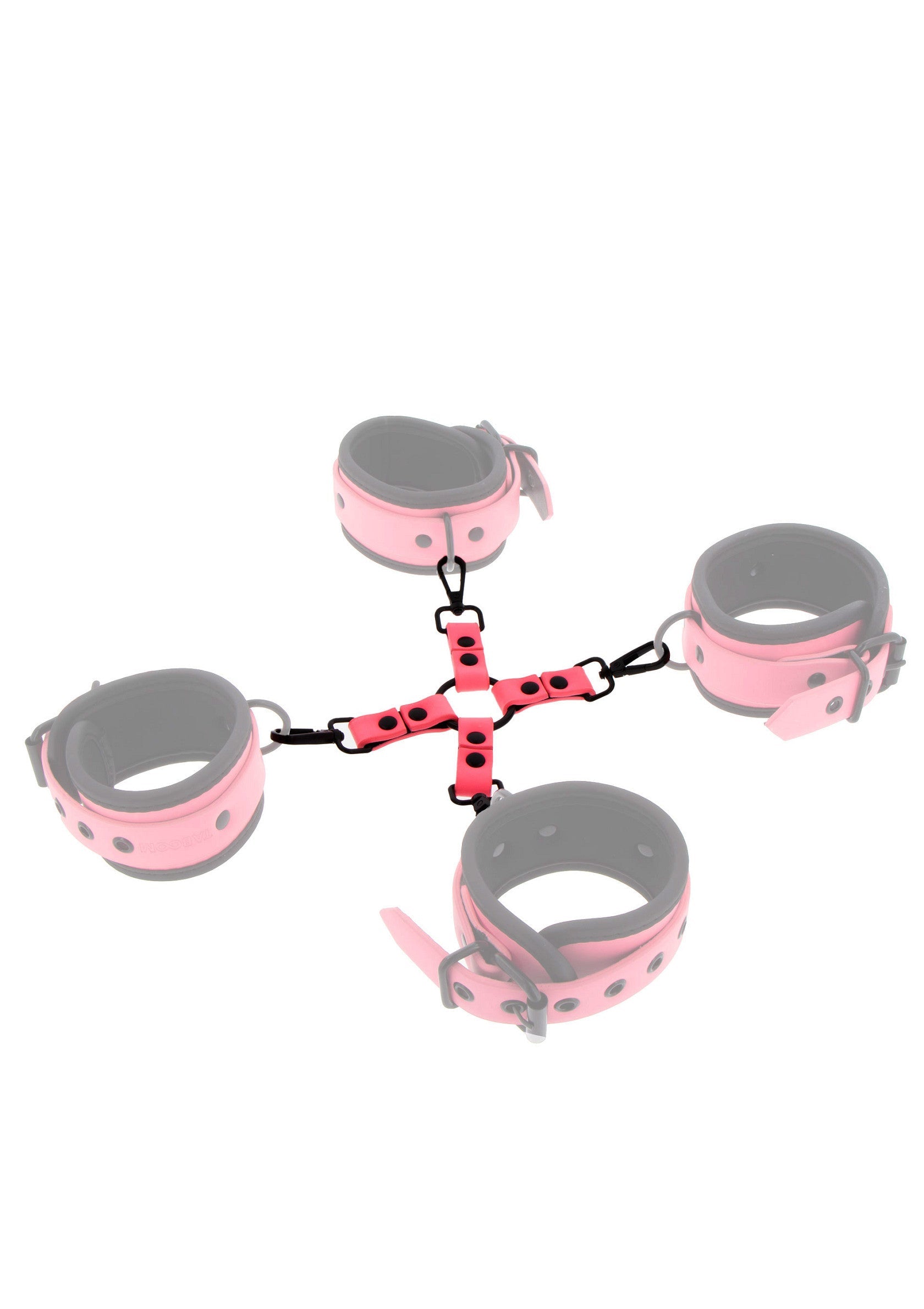 Ensemble de bondage rose avec menottes et attaches pour une expérience coquine et amusante.; Roze bondage set met handboeien en riemen voor een speelse en spannende ervaring.; Pink bondage set featuring cuffs and restraints for a playful and exciting experience.