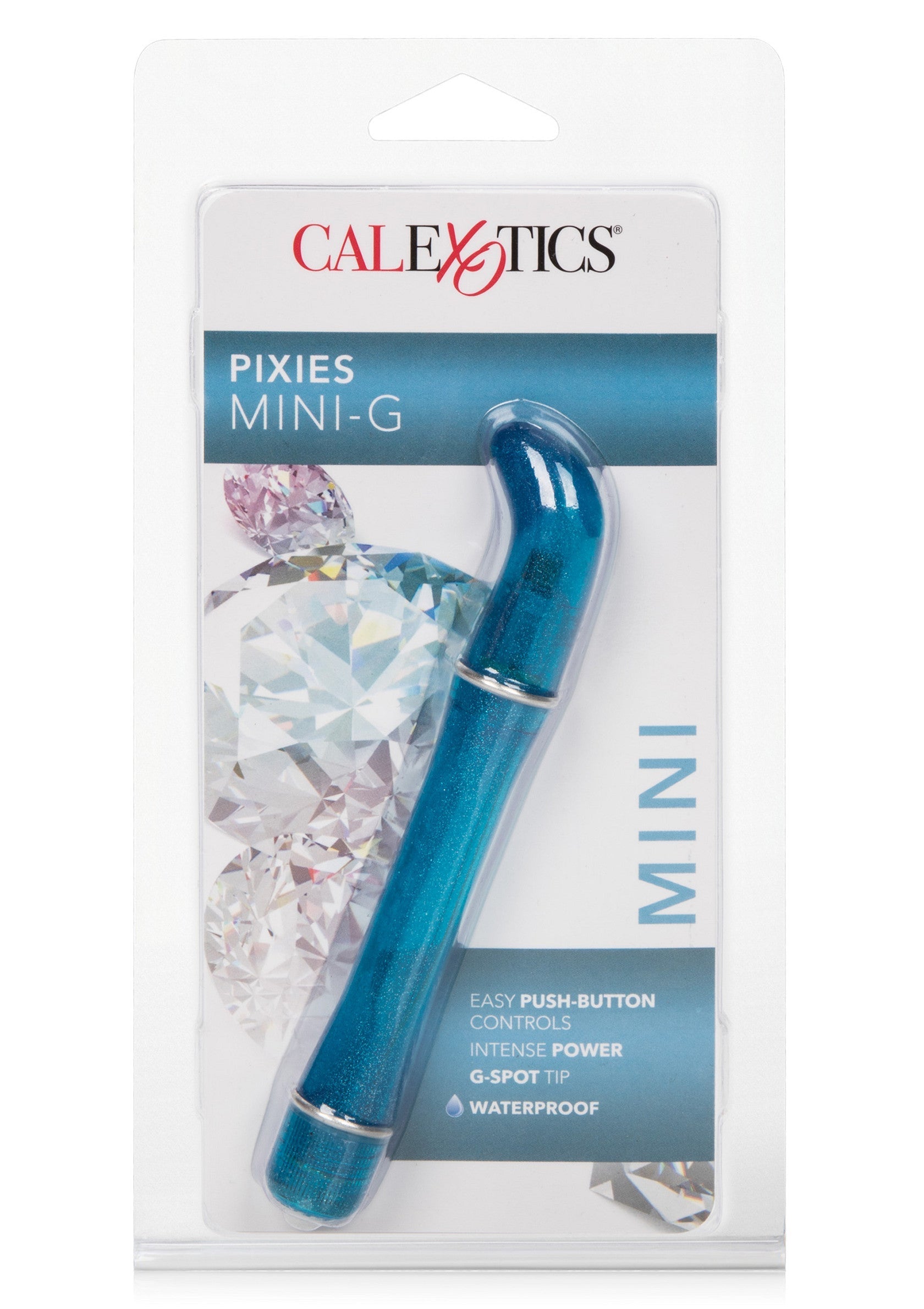CalExotics Pixies Mini-G vibrateur pour le plaisir personnel. Compact, puissant et étanche. Commandes faciles à bouton-poussoir.; CalExotics Pixies Mini-G vibrator voor persoonlijk plezier. Compact, krachtig en waterdicht. Eenvoudige bediening met drukknop.; CalExotics Pixies Mini-G vibrator for personal pleasure. Compact, powerful, and waterproof. Easy push-button controls.