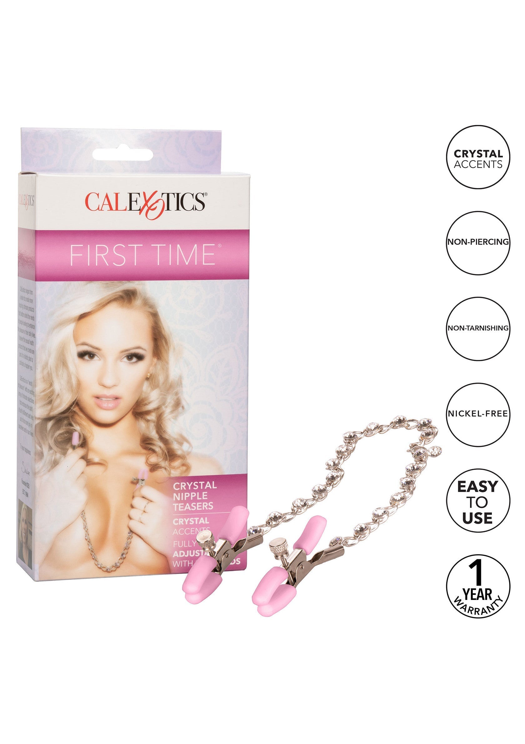 Pinces à tétons avec accents de cristal Calexotics First Time. Facile à utiliser, non perçant et sans nickel.; Calexotics First Time tepelklemmen met kristalaccenten. Gemakkelijk te gebruiken, niet-piercing en nikkelvrij.; Calexotics First Time nipple clamps with crystal accents. Easy to use, non-piercing and nickel-free.