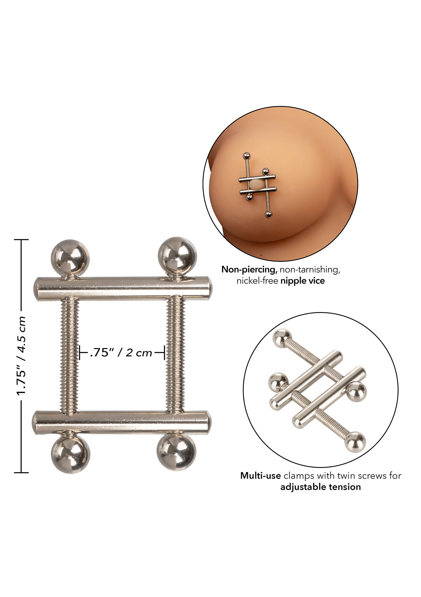 Serre-tétons non perçant, réglable avec des vis. En métal sans nickel.; Niet-piercing tepelklemmen, verstelbaar met schroeven. Nikkelvrij metaal.; Non-piercing nipple clamps, adjustable with screws. Nickel-free metal.