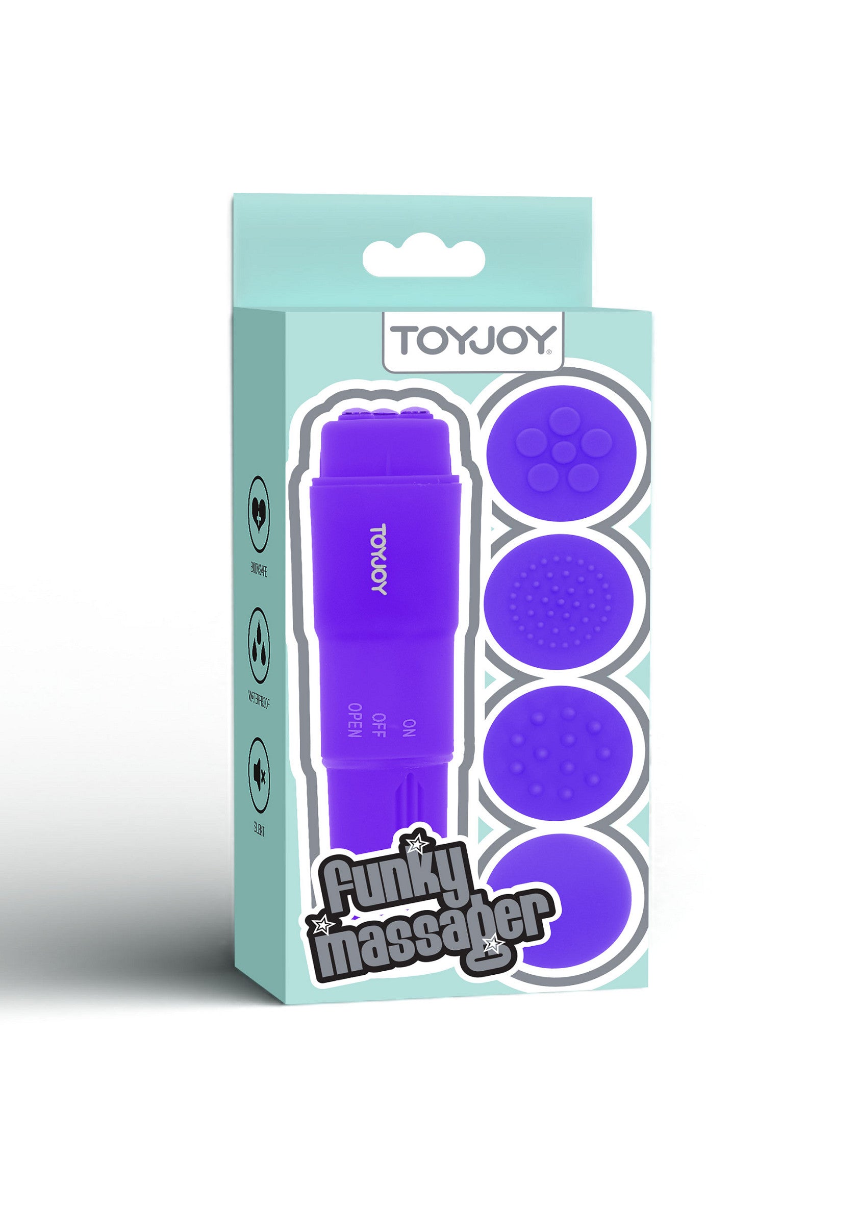ToyJoy Funky Massager: un masseur vibrant compact avec embouts interchangeables pour un plaisir personnalisé.; ToyJoy Funky Massager: compacte vibrerende massageapparaat met verwisselbare opzetstukken voor persoonlijk genot.; ToyJoy Funky Massager: compact vibrating massager with interchangeable heads for personalized pleasure.