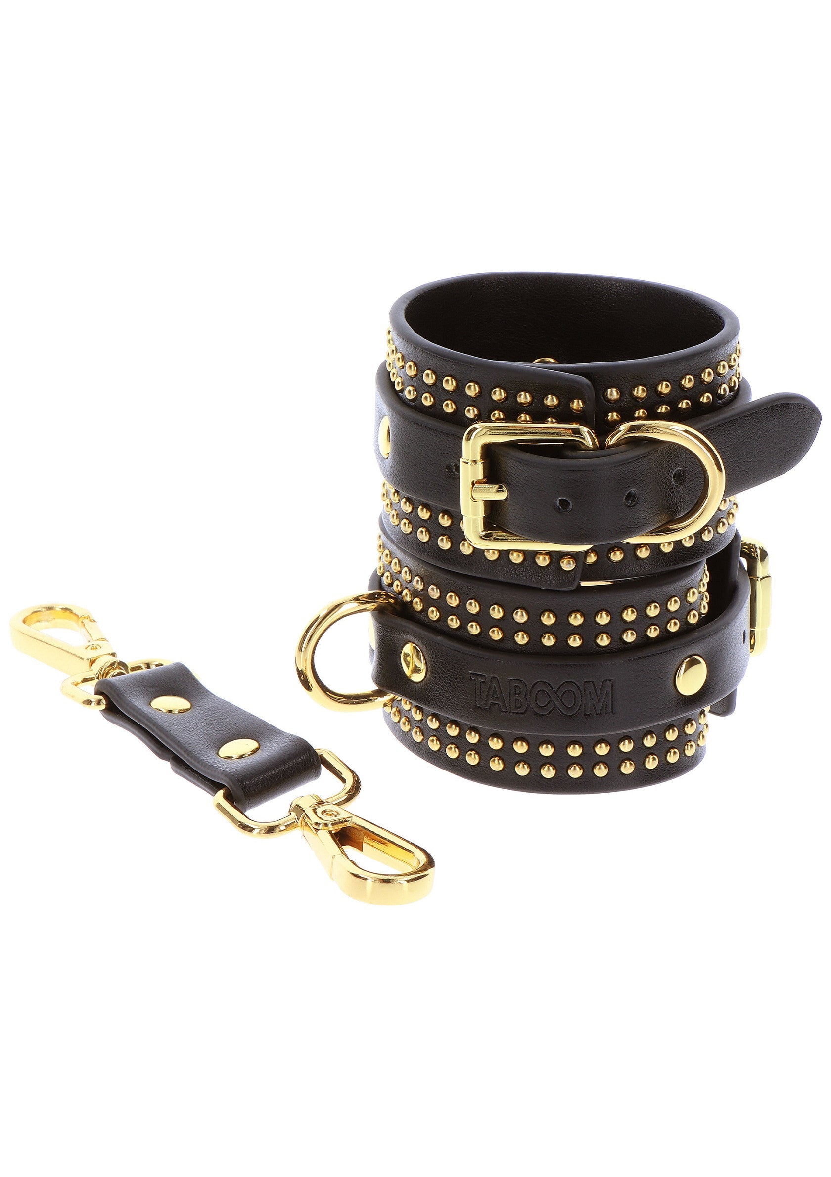 Manchette en cuir noir cloutée avec porte-clés assorti, style rock et élégant.; Zwarte leren armband met studs en bijpassende sleutelhanger, stoere en stijlvolle look.; Black studded leather cuff with matching keychain, edgy and stylish accessory.