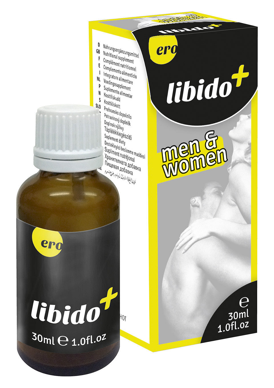 Ero Libido+ pour hommes et femmes. Complément alimentaire pour améliorer la libido. Flacon de 30ml.; Ero Libido+ voor mannen en vrouwen. Voedingssupplement om de libido te verbeteren. Fles van 30ml.; Ero Libido+ for men & women. Dietary supplement to enhance libido. 30ml bottle.