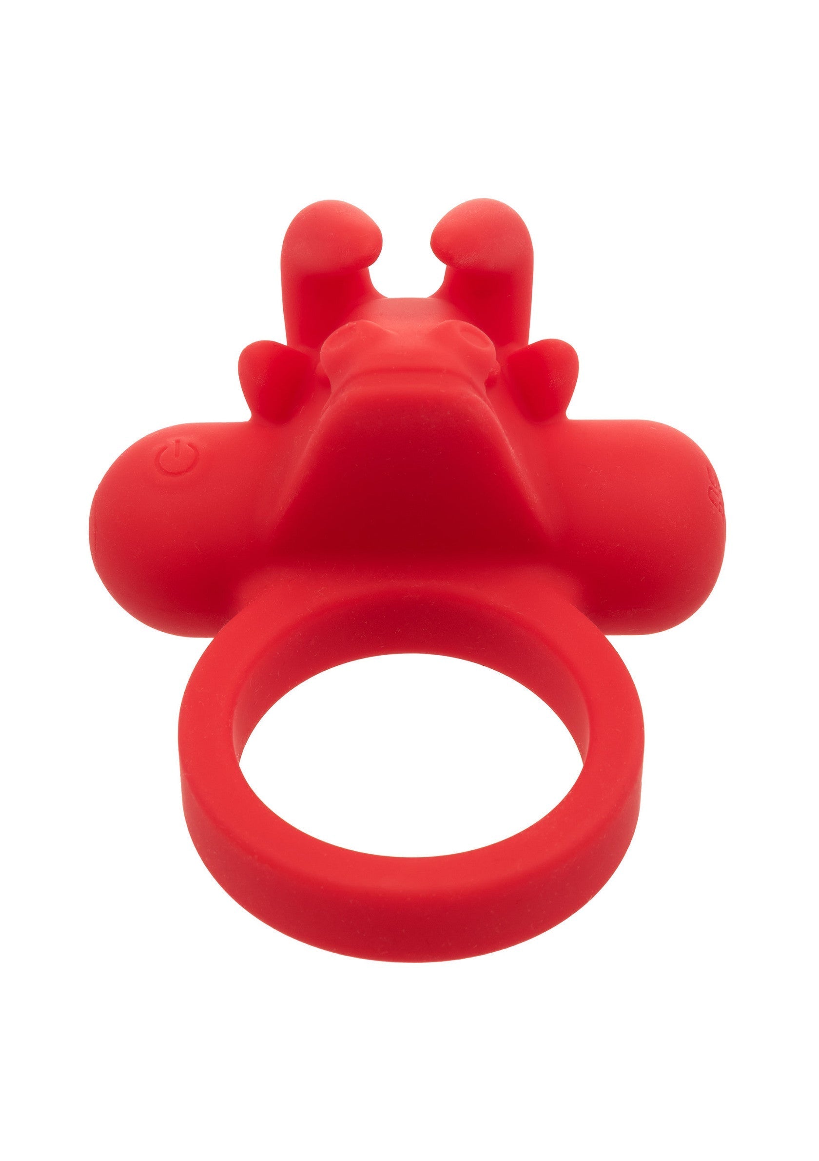 Anneau vibrant rouge pour couples, forme ludique pour plus de plaisir et de sensations.; Rode vibrerende ring voor koppels, speelse vorm voor meer plezier en sensaties.; Red vibrating couples ring with a playful shape for added pleasure and sensations.