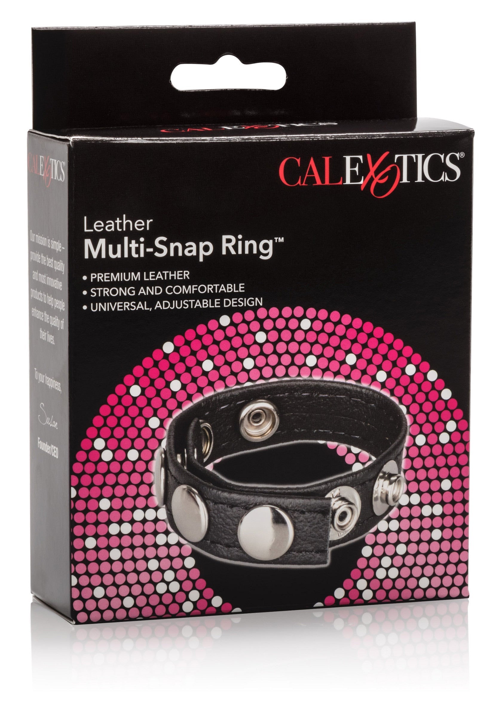 Anneau multi-pression en cuir CalExotics. Cuir de qualité, confortable et réglable. Accessoire érotique pour homme.; CalExotics lederen Multi-Snap ring. Premium leer, sterk & comfortabel. Verstelbaar ontwerp. Erotisch accessoire voor mannen.; CalExotics leather Multi-Snap ring. Premium leather, strong & comfortable, universal adjustable design. Erotic accessory for men.