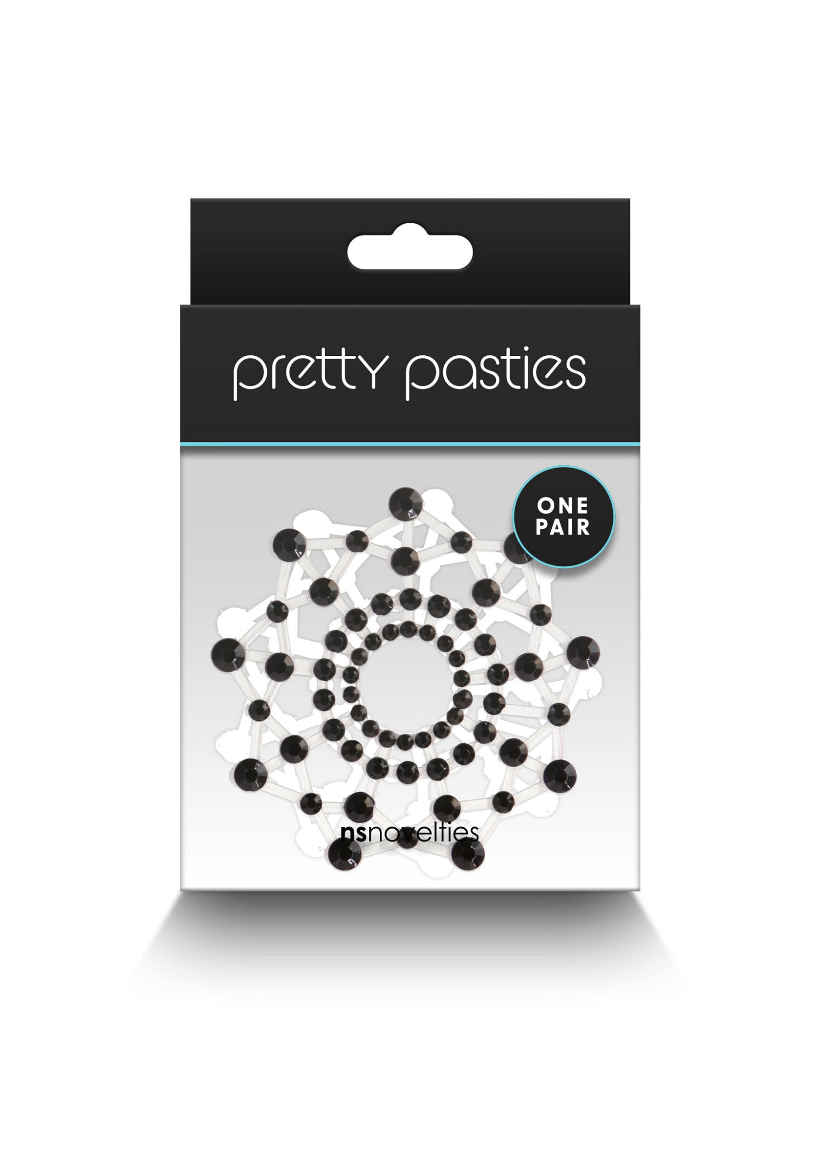Cache-tétons Pretty Pasties à motifs de cercle noir. Accessoire de mode intime pour un look audacieux et glamour.; Pretty Pasties tepelbedekkers met zwart cirkelpatroon. Intiem modeaccessoire voor een gedurfde en glamoureuze look.; Pretty Pasties nipple covers with black circle design. Intimate fashion accessory for a bold and glamorous look.