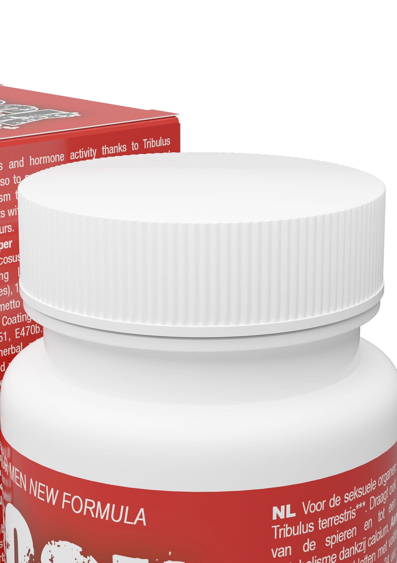 Pot de suppléments pour hommes avec Tribulus terrestris. Nouvelle formule pour la performance et la santé.; Pot supplementen voor mannen met Tribulus terrestris. Nieuwe formule voor prestaties en gezondheid.; Men's supplement bottle with Tribulus terrestris. New formula for performance and health.