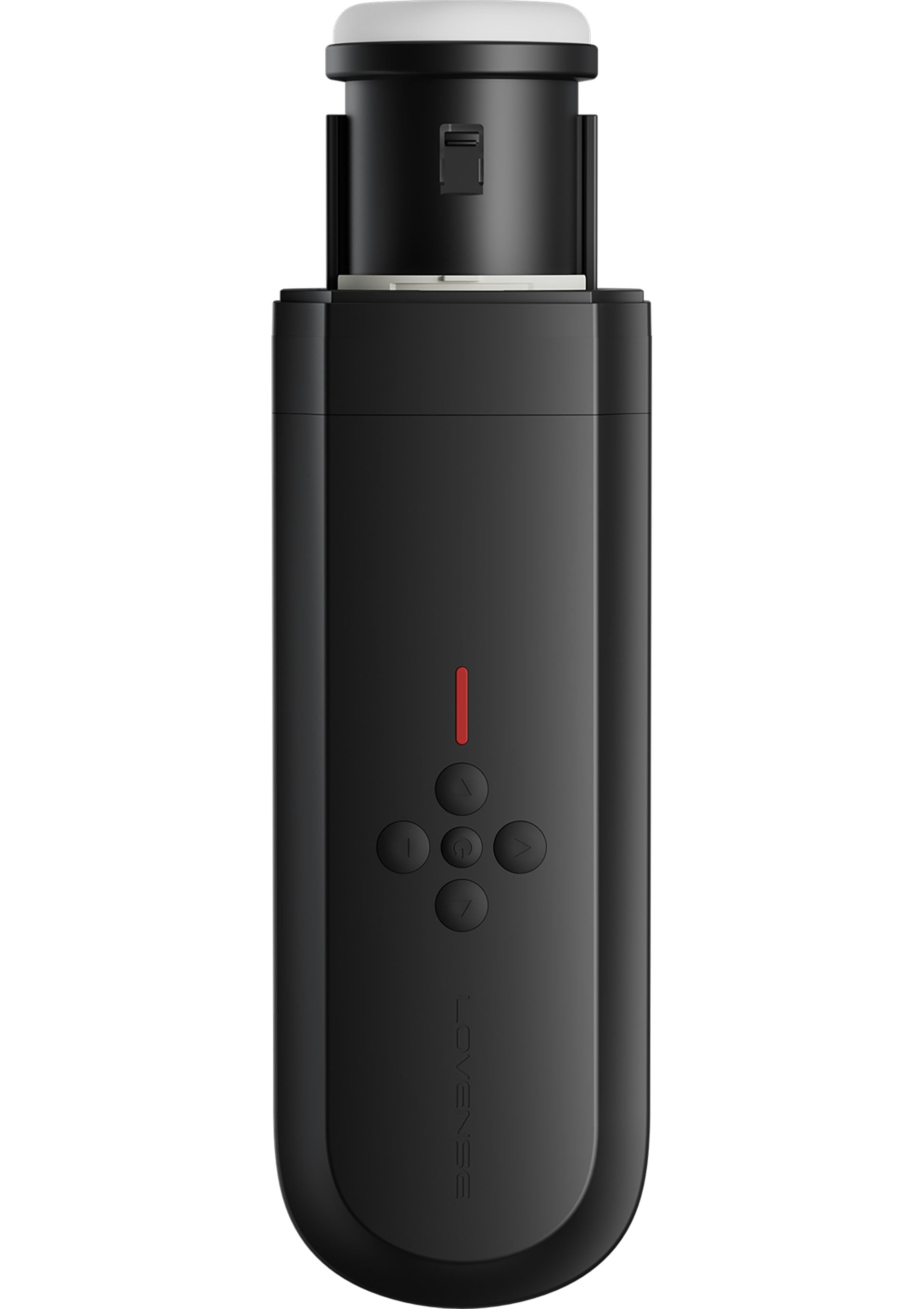 Télécommande noire élégante avec des commandes circulaires et un accent rouge, parfaite pour un contrôle précis.; Stijlvolle zwarte afstandsbediening met ronde bediening en een rood accent, perfect voor nauwkeurige bediening.; Sleek black remote with circular controls and a red accent, perfect for precise control.