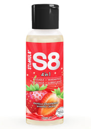 S8 Stimul8 Vanille Fraise Chantilly, un lubrifiant 4 en 1 : massant, chauffant, comestible et lubrifiant. 125 ml. ; S8 Stimul8 Vanilla Strawberry Whipped Cream, een 4-in-1 glijmiddel: massage, verwarmend, kusbaar en glijmiddel. 125 ml.; S8 Stimul8 Vanilla Strawberry Whipped Cream, a 4-in-1 lubricant: massage, warming, kissable & lubricant. 125 ml.