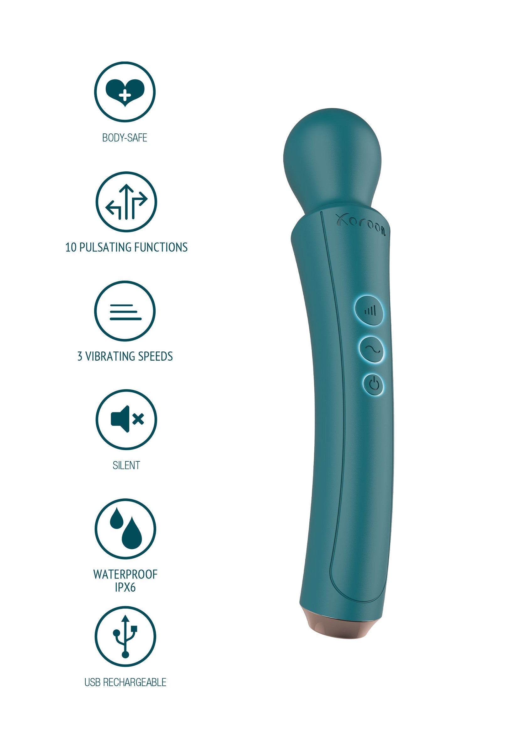 Masseur personnel étanche Xorode avec 10 fonctions de pulsation et 3 vitesses de vibration, rechargeable par USB.; Waterdichte Xorode stimulator met 10 pulsatiefuncties en 3 vibratiesnelheden, USB oplaadbaar.; Waterproof Xorode wand massager with 10 pulsating functions and 3 vibration speeds, USB rechargeable.