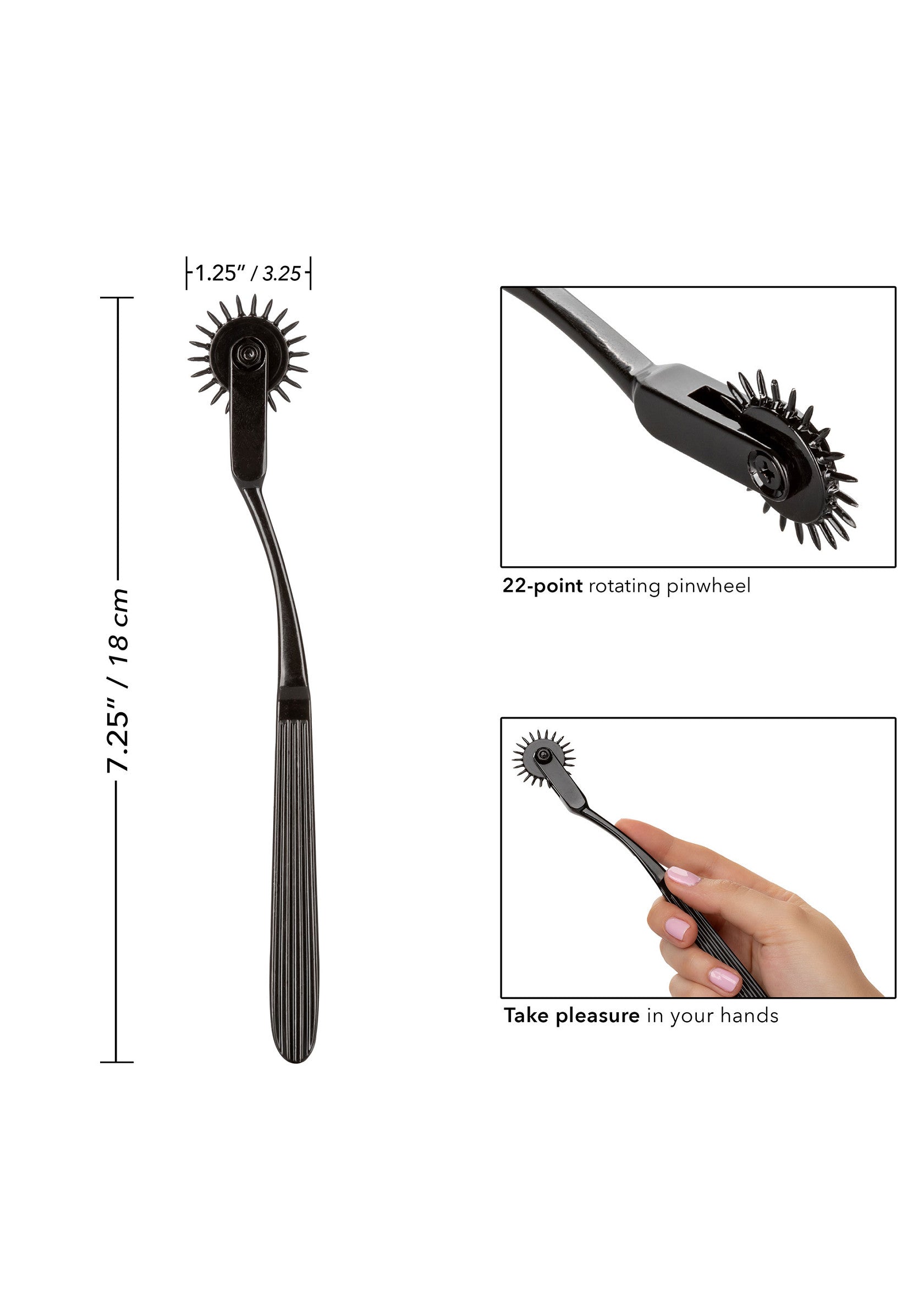 Roue à picots noire avec dimensions. Roue de Wartenberg pour sensations fortes et exploration sensorielle.; Zwarte prikkelrol met afmetingen. Wartenbergwiel voor intense sensaties en sensorische verkenning.; Black pinwheel with dimensions. Wartenberg wheel for intense sensations and sensory exploration.