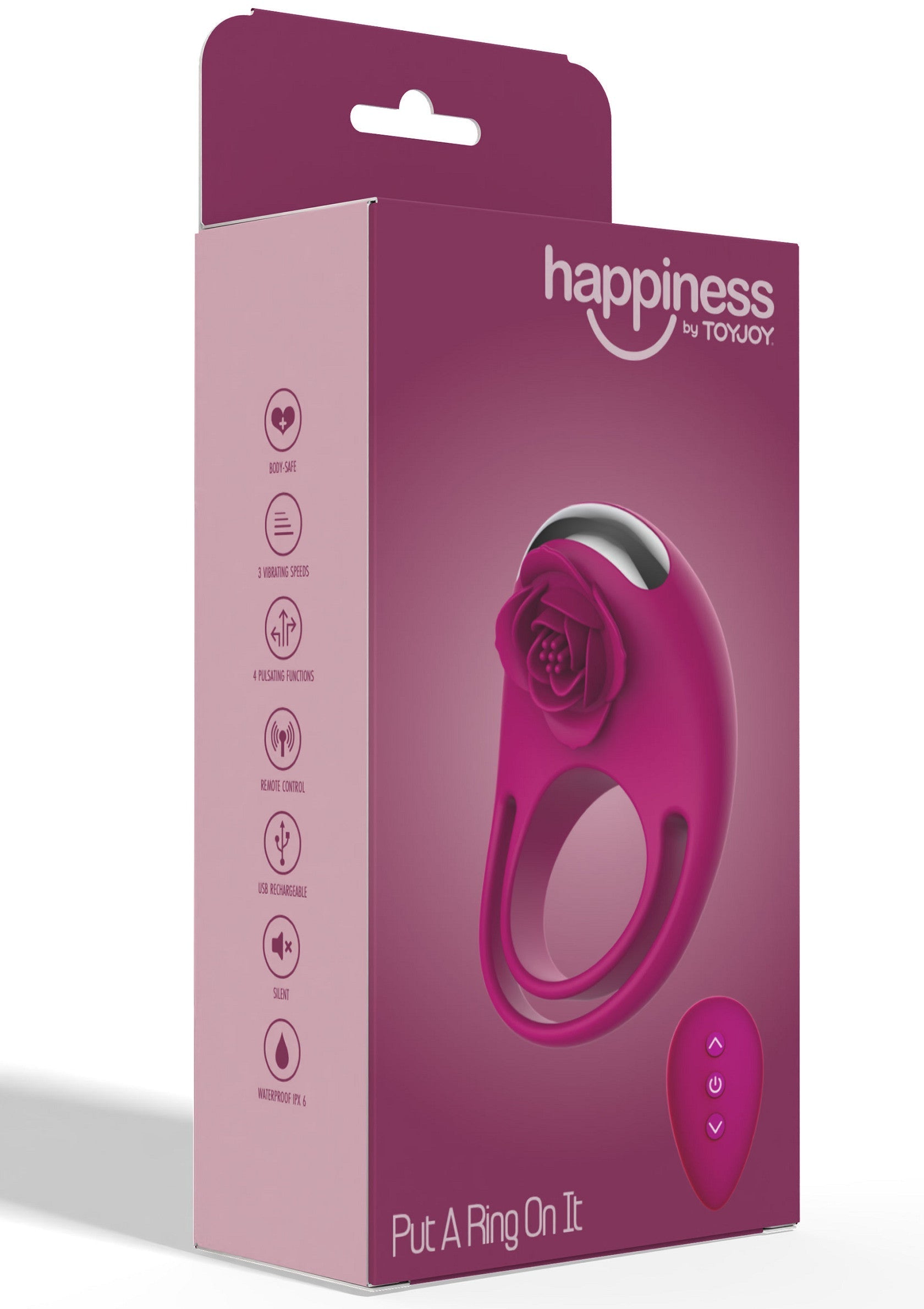 Anneau vibrant rose 'Happiness by Toyjoy'. Élégant, rechargeable USB et étanche. Pour un plaisir intense et des moments inoubliables.; Roze vibrerende ring 'Happiness by Toyjoy'. Stijlvol, USB oplaadbaar en waterdicht. Voor intens genot en onvergetelijke momenten.; Pink vibrating ring 'Happiness by Toyjoy'. Stylish, USB rechargeable and waterproof. For intense pleasure and unforgettable moments.