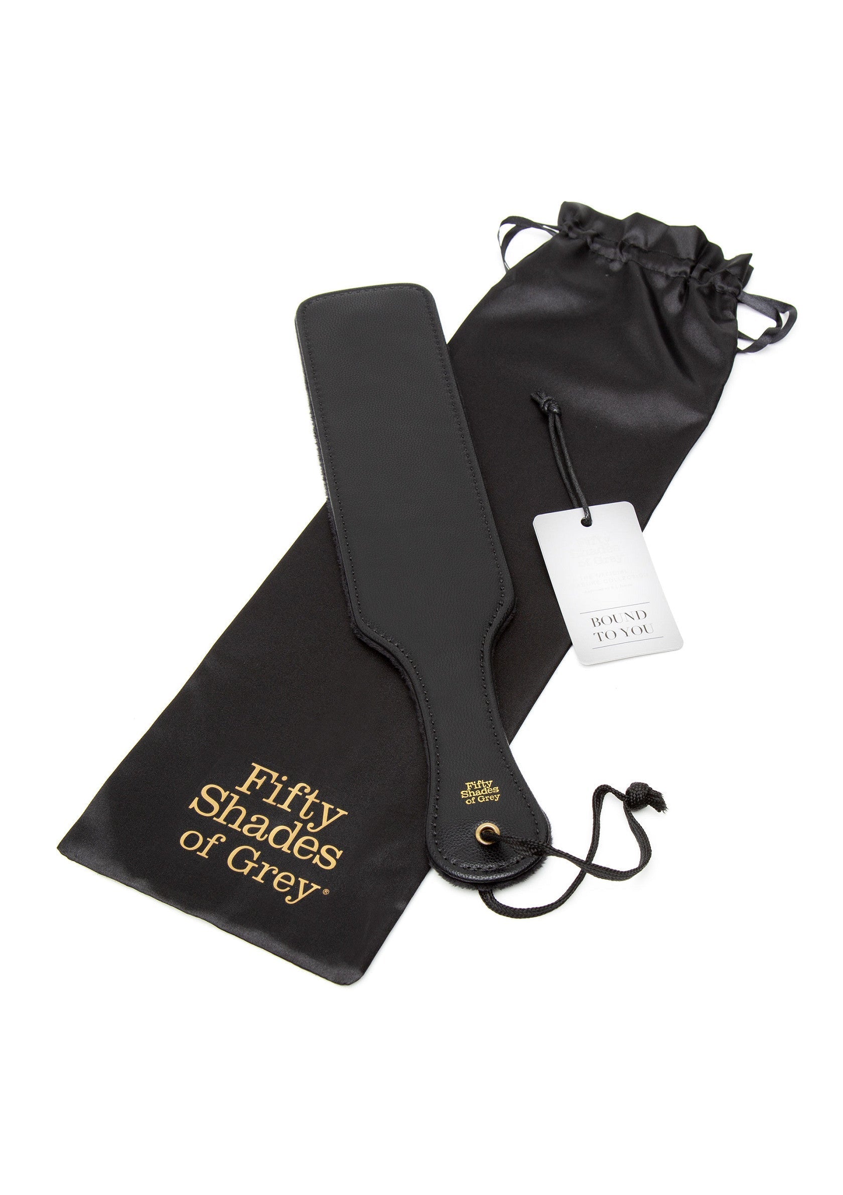 Palette Fifty Shades of Grey en cuir noir avec sac de rangement.; Fifty Shades of Grey lederen peddelset met opbergtas.; Fifty Shades of Grey leather paddle set with storage bag.