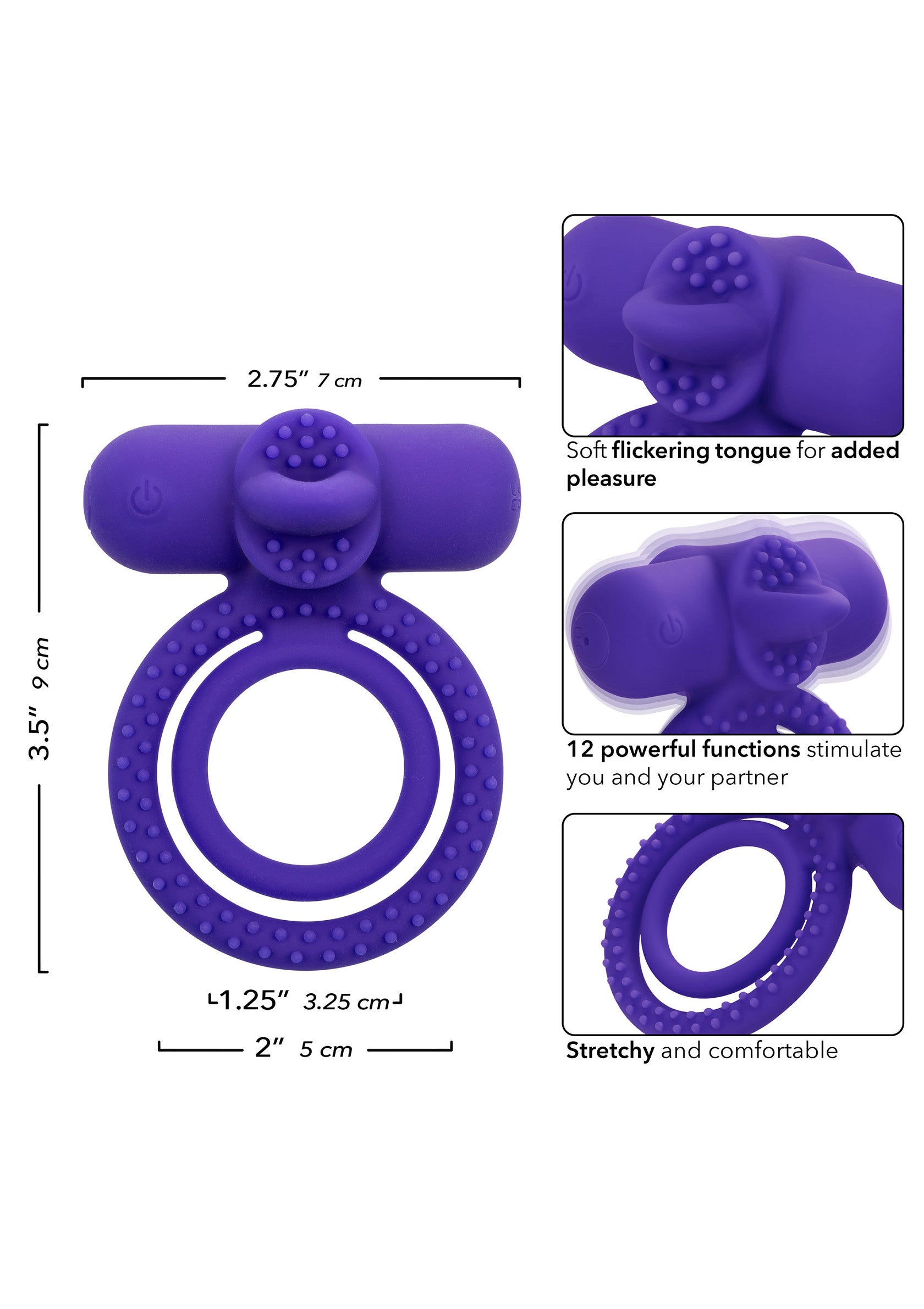 Anneau vibrant violet, extensible et confortable, avec languette douce. Idéal pour stimuler et intensifier le plaisir.; Paarse vibrerende ring, rekbaar en comfortabel, met zachte tong. Ideaal om te stimuleren en het plezier te intensiveren.; Purple vibrating cock ring, stretchy & comfy, with soft tongue. Ideal to stimulate and intensify pleasure for you and your partner.