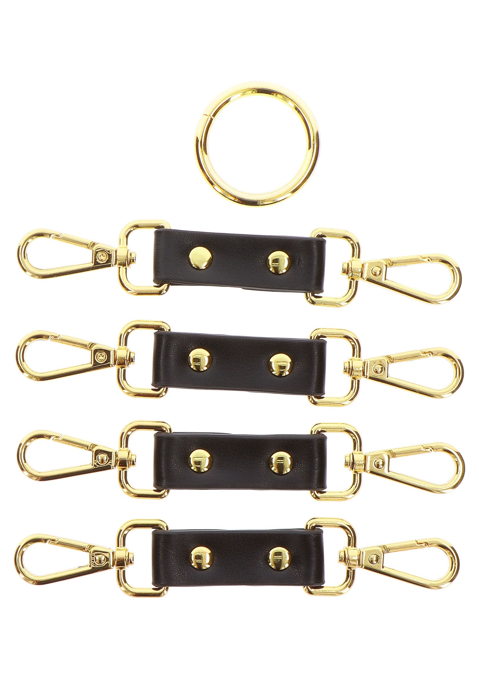 Ensemble de 4 attaches de sac en cuir noir avec boucles dorées et anneau pour bandoulière. Accessoires de maroquinerie.; Set van 4 zwarte leren tasbevestigingen met gouden gespen en ring voor schouderband. Lederwaren accessoires.; Set of 4 black leather bag attachments with gold buckles and ring for shoulder strap. Leather goods accessories.