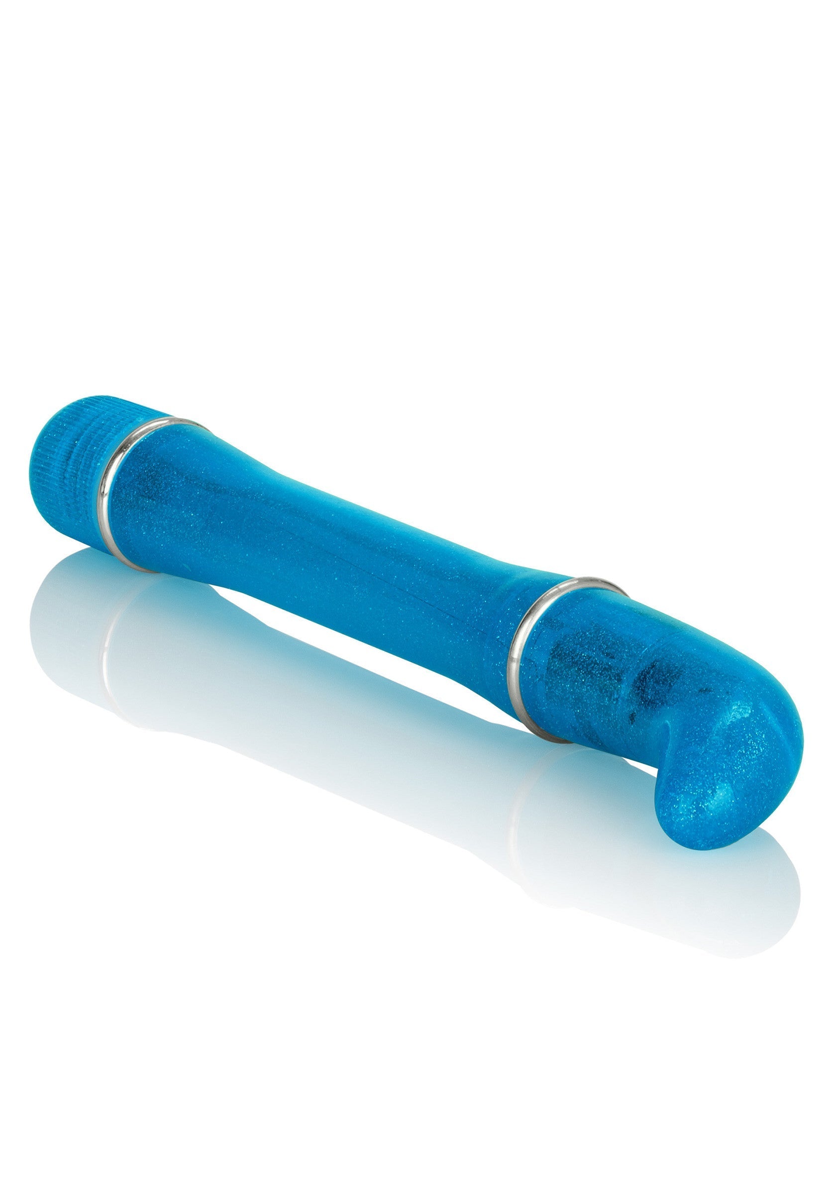 Vibromasseur baguette bleu brillant avec des anneaux décoratifs pour le plaisir adulte.; Glanzend blauwe toverstaf vibrator met decoratieve ringen voor volwassen plezier.; Shiny blue wand massager with decorative rings for adult pleasure.
