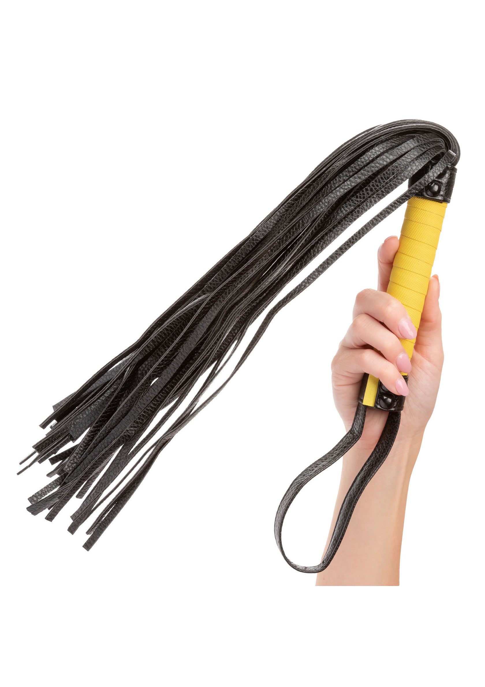 Cravache noire à poignée jaune pour le plaisir et les jeux coquins.; Zwarte zwepen met gele handgreep voor plezier en ondeugende spelletjes.; Black flogger with yellow handle for pleasure and kinky games.