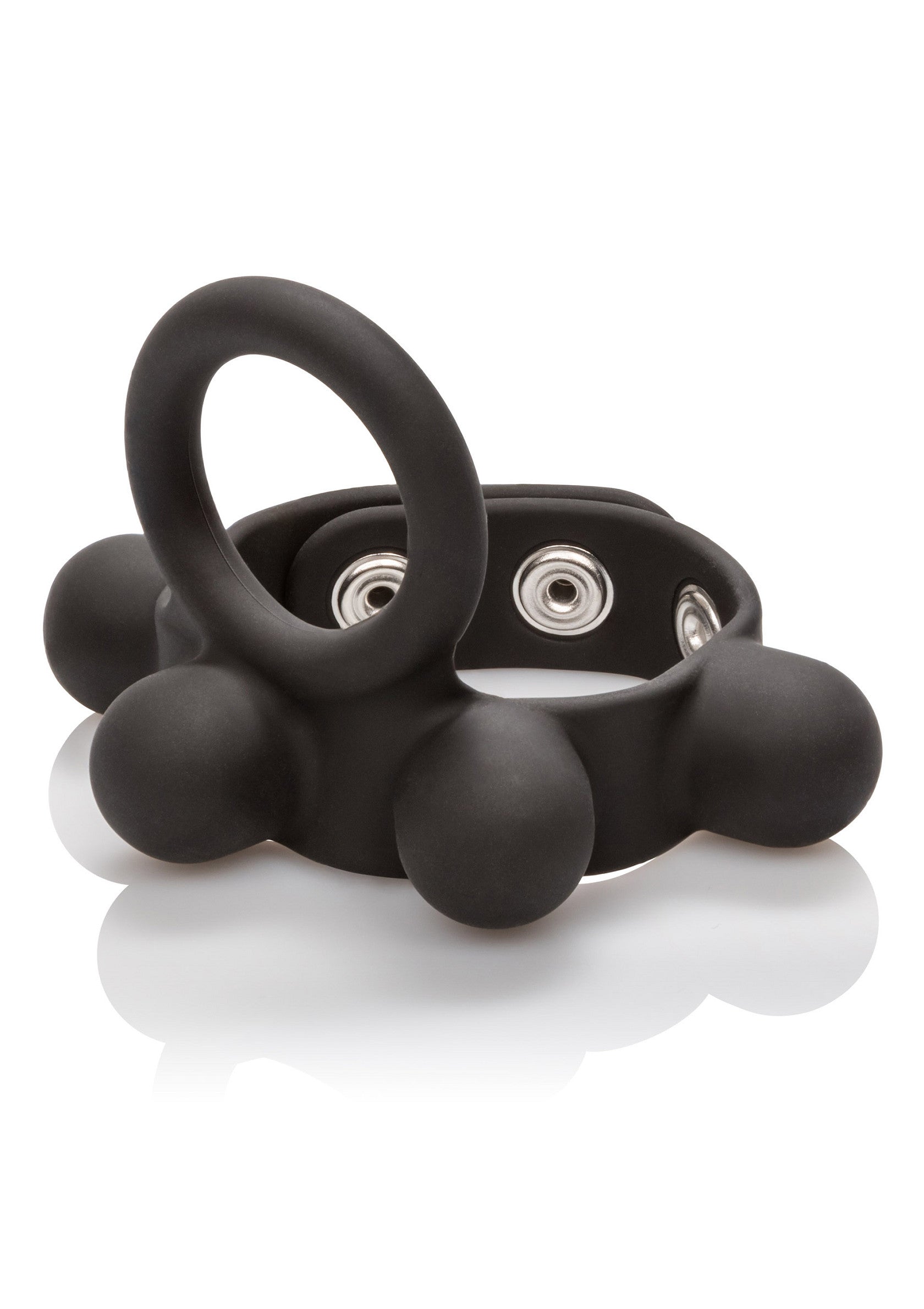 Anneau pénien noir réglable avec anneau et picots pour une expérience intense. Plaisir et confort garantis.; Verstelbare zwarte penisring met ring en noppen voor een intense ervaring. Gegarandeerd plezier en comfort.; Adjustable black cock ring with loop and nubs for intense sensation. Pleasure and comfort guaranteed.