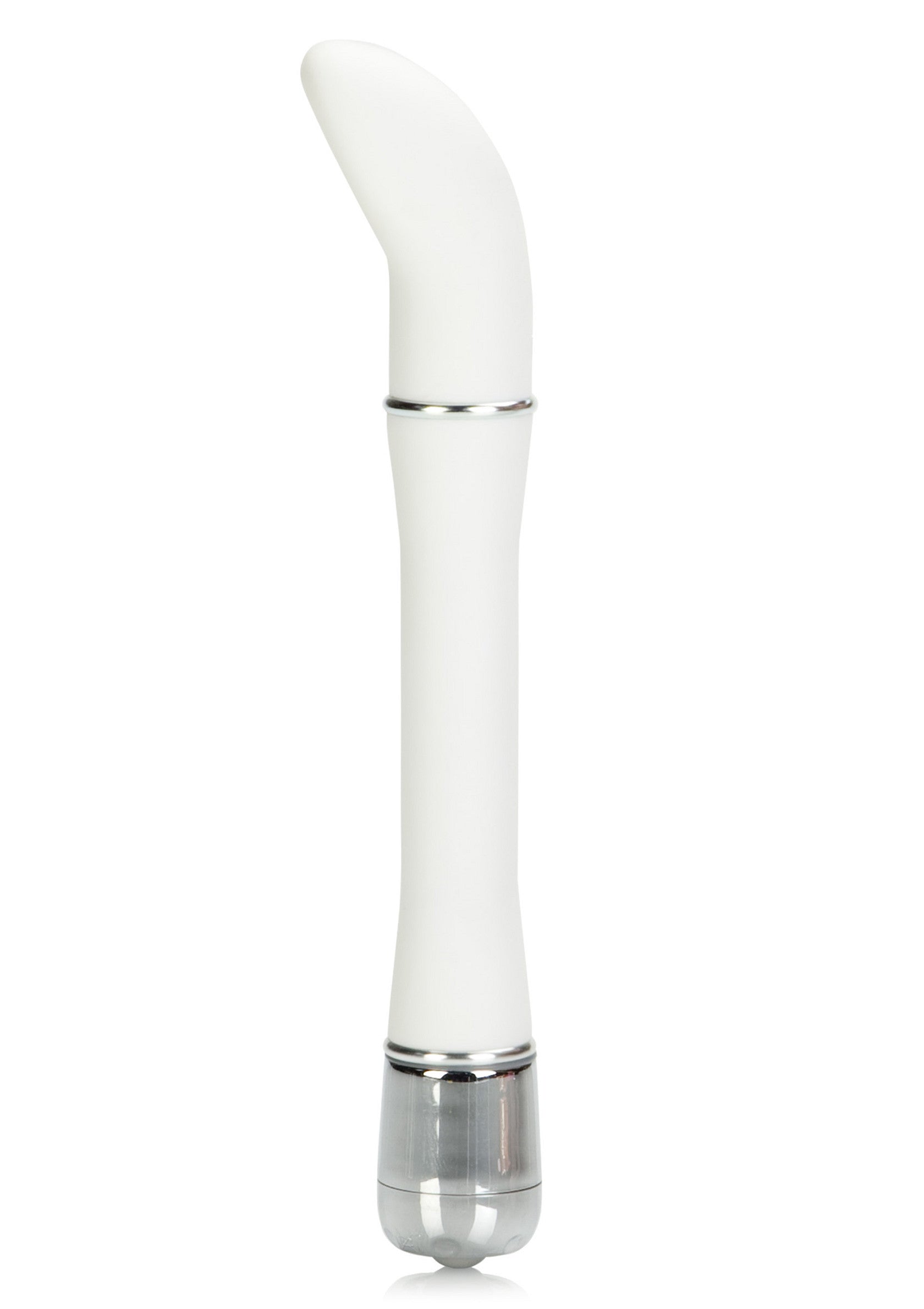 Vibromasseur incurvé blanc avec accent argenté pour le plaisir solo. Explorez les sensations avec ce jouet élégant et discret.; Witte gebogen vibrator met zilveren accenten voor solo plezier. Ontdek sensaties met dit stijlvolle en discrete speeltje.; White curved vibrator with silver accents for solo pleasure. Explore sensations with this stylish and discreet toy.