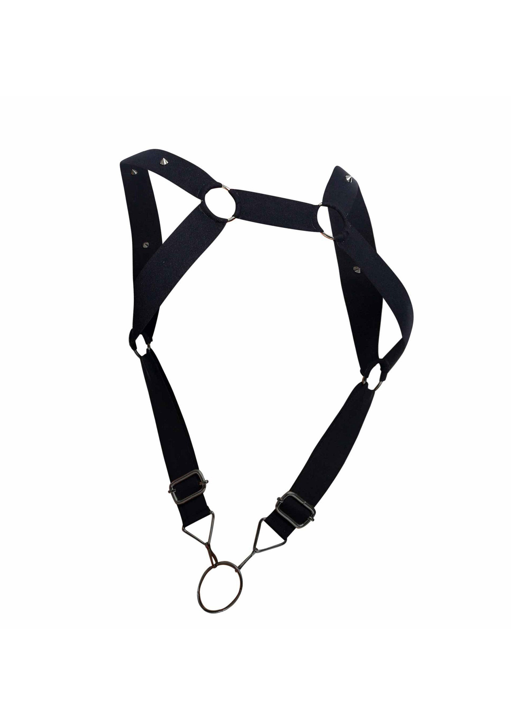 Harnais noir réglable avec anneaux métalliques, idéal pour un look audacieux et personnalisé.; Verstelbaar zwart harnas met metalen ringen, ideaal voor een gedurfde en persoonlijke look.; Adjustable black harness with metal rings, perfect for a bold and personalized look.
