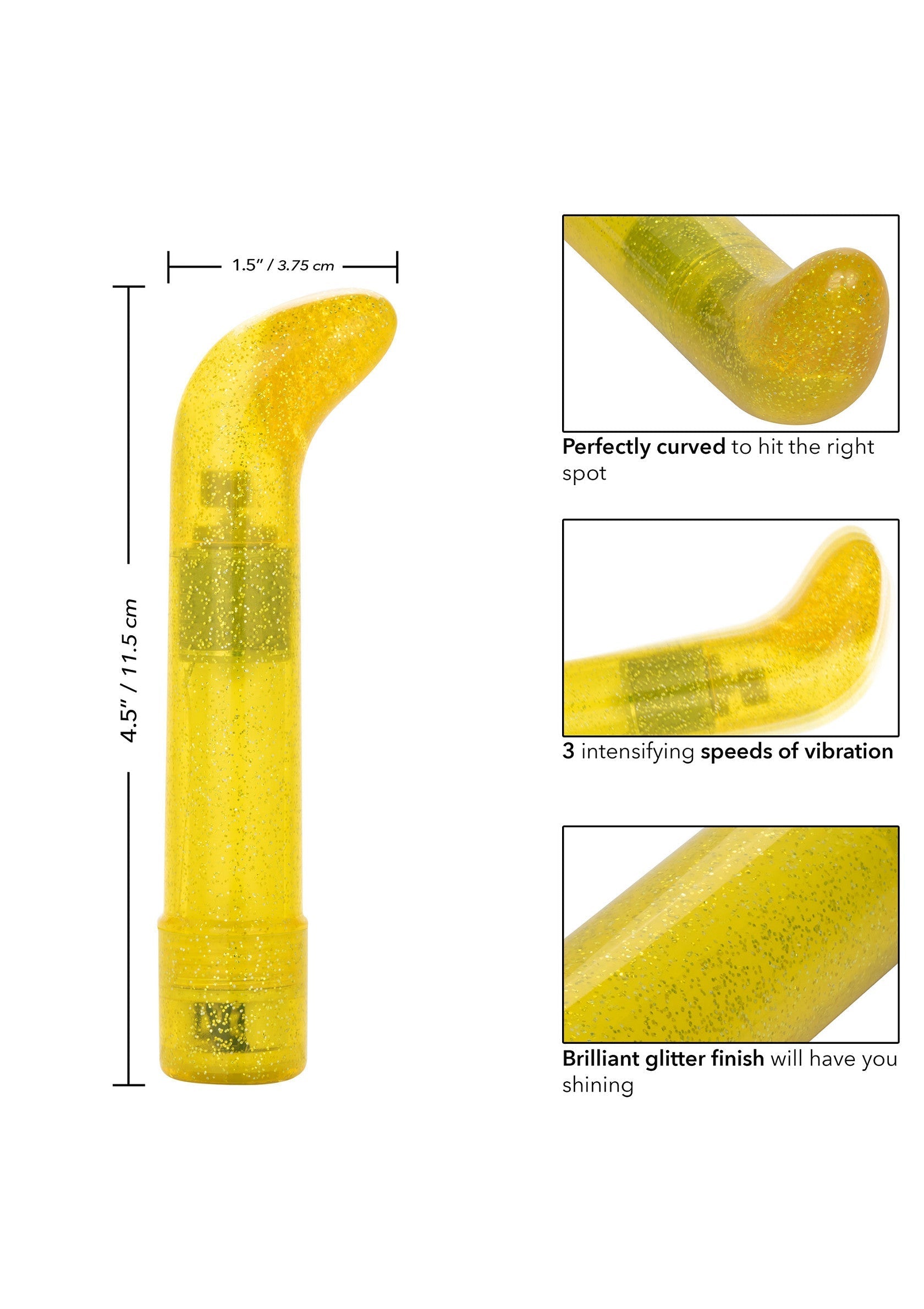 Vibromasseur jaune brillant avec 3 vitesses et une courbe parfaite. Dimensions: 11,5 x 3,75 cm.; Glitters gele vibrator met 3 snelheden en een perfecte curve. Afmetingen: 11,5 x 3,75 cm.; Glittery yellow vibrator with 3 speeds and perfect curve. Dimensions: 4.5 x 1.5 inches.