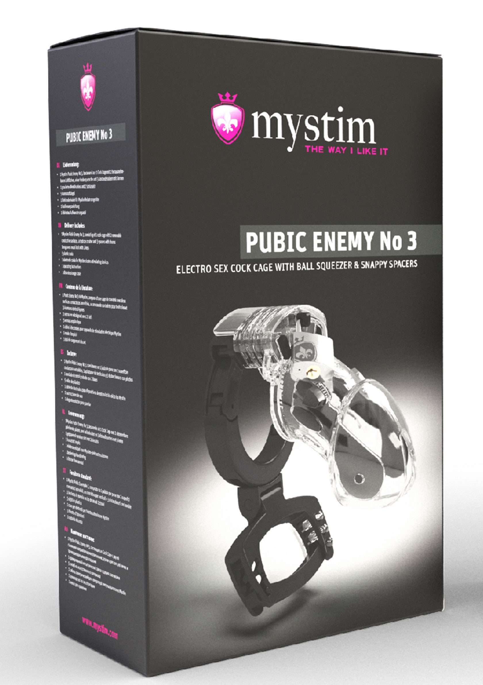Mystim Pubic Enemy No 3 : cage de chasteté électro stimulante avec serre-couilles et entretoises. Pour une domination maximale !; Mystim Pubic Enemy No 3: elektro-stimulerende kuisheidskooi met bal kneep en afstandhouders. Voor maximale dominantie!; Mystim Pubic Enemy No 3: Electro-stimulating chastity cage with ball squeezer & snappy spacers. For maximum dominance!