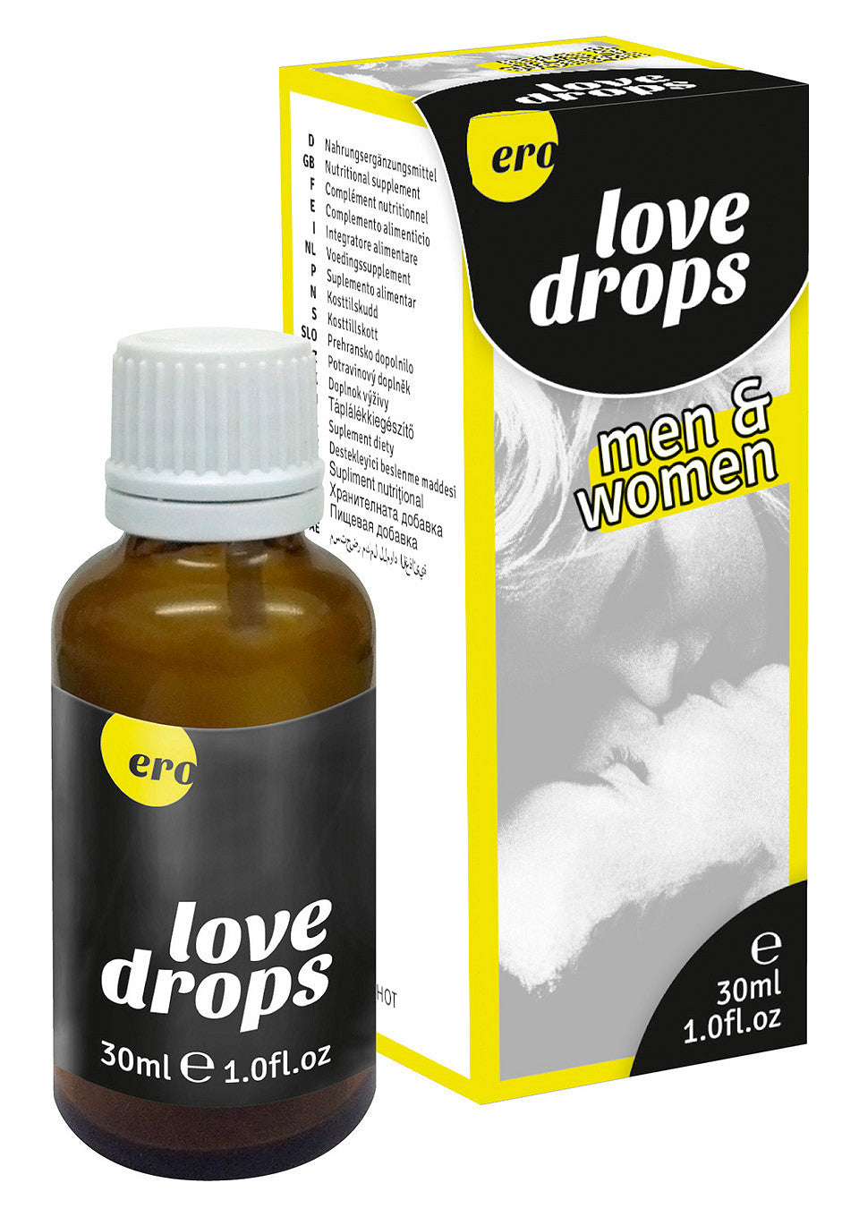 Ero Love Drops pour hommes et femmes, flacon de 30 ml. Complément nutritionnel pour pimenter votre vie amoureuse.; Ero Love Drops voor mannen en vrouwen, 30ml flesje. Voedingssupplement om je liefdesleven te verrijken.; Ero Love Drops for men & women, 30ml bottle. Nutritional supplement to enhance your love life.
