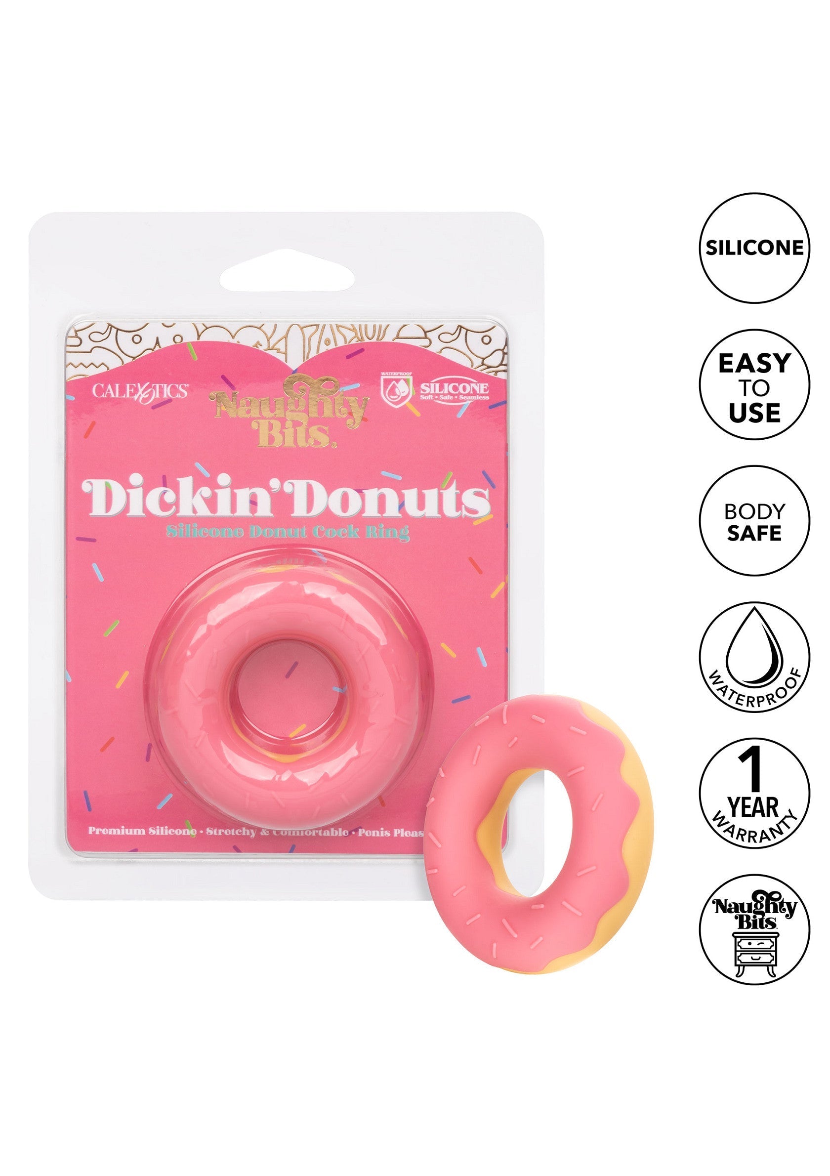 Anneau pénien Dickin' Donuts Naughty Bits. Silicone, étanche, facile à utiliser et sûr pour le corps. Garantie 1 an.; Naughty Bits Dickin' Donuts penisring. Siliconen, waterdicht, makkelijk te gebruiken en veilig voor het lichaam. 1 jaar garantie.; Naughty Bits Dickin' Donuts cock ring. Silicone, waterproof, easy to use and body-safe. 1-year warranty.