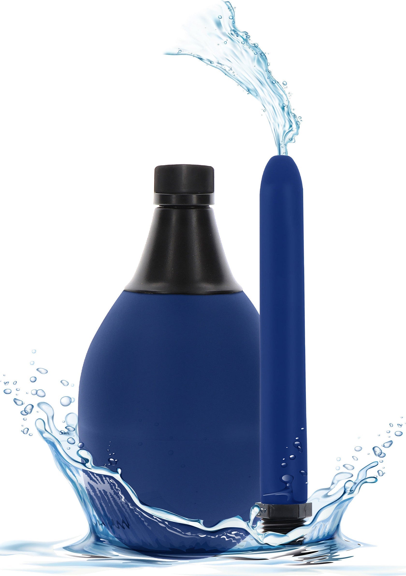 Poire à lavement bleue avec jet d'eau pour une hygiène intime optimale.; Blauw klysmazak met waterstraal voor optimale intieme hygiëne.; Blue enema bulb with water stream for optimal intimate hygiene.
