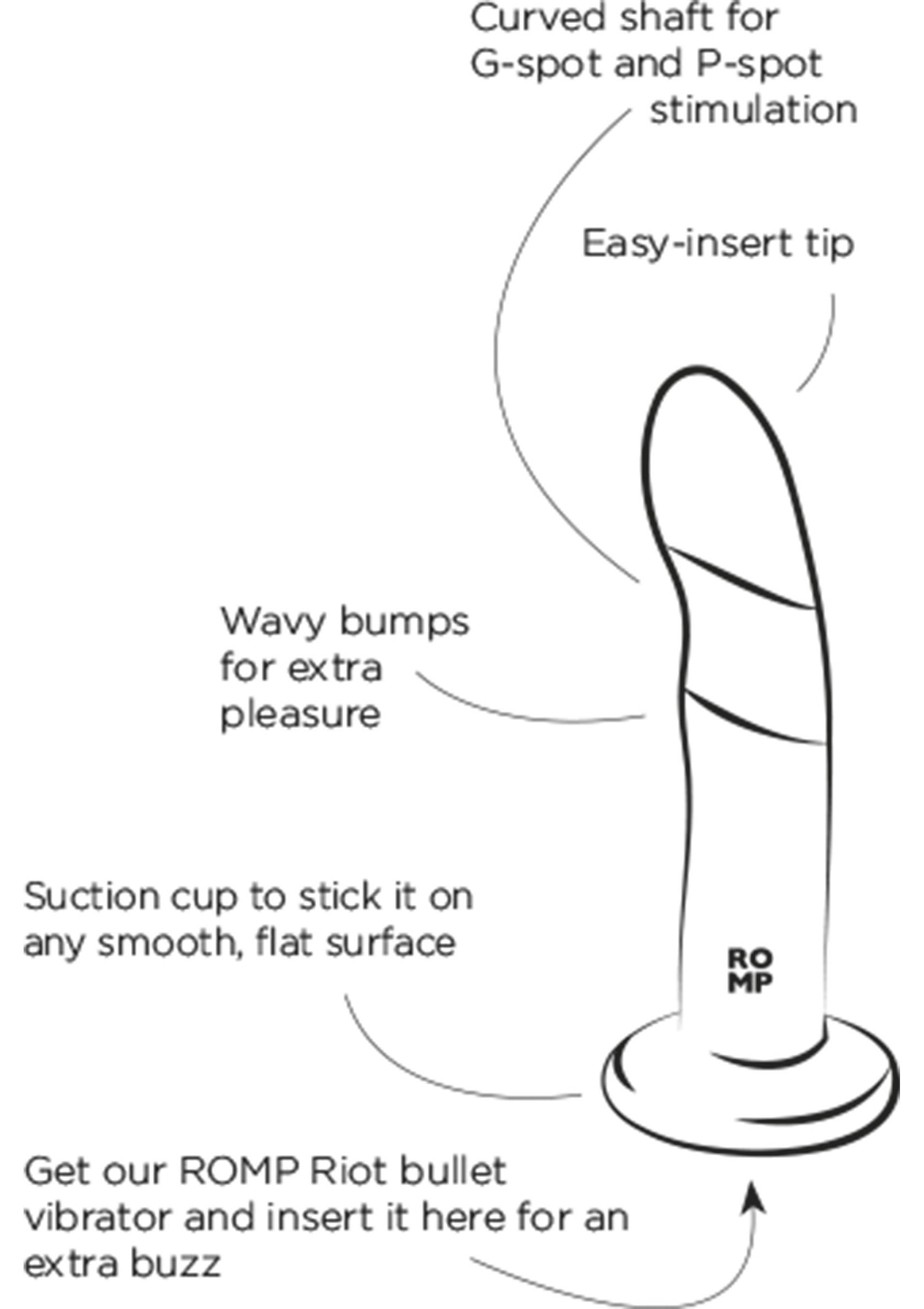 Vibromasseur double stimulation ROMP avec ventouse et design courbé pour un plaisir intense. Compatible avec vibromasseur balle.; ROMP vibrator voor dubbele stimulatie met zuignap en gebogen ontwerp voor intens plezier. Compatibel met kogelvibrator.; ROMP dual stimulation vibrator with suction cup & curved design for intense pleasure. Compatible with bullet vibrator.