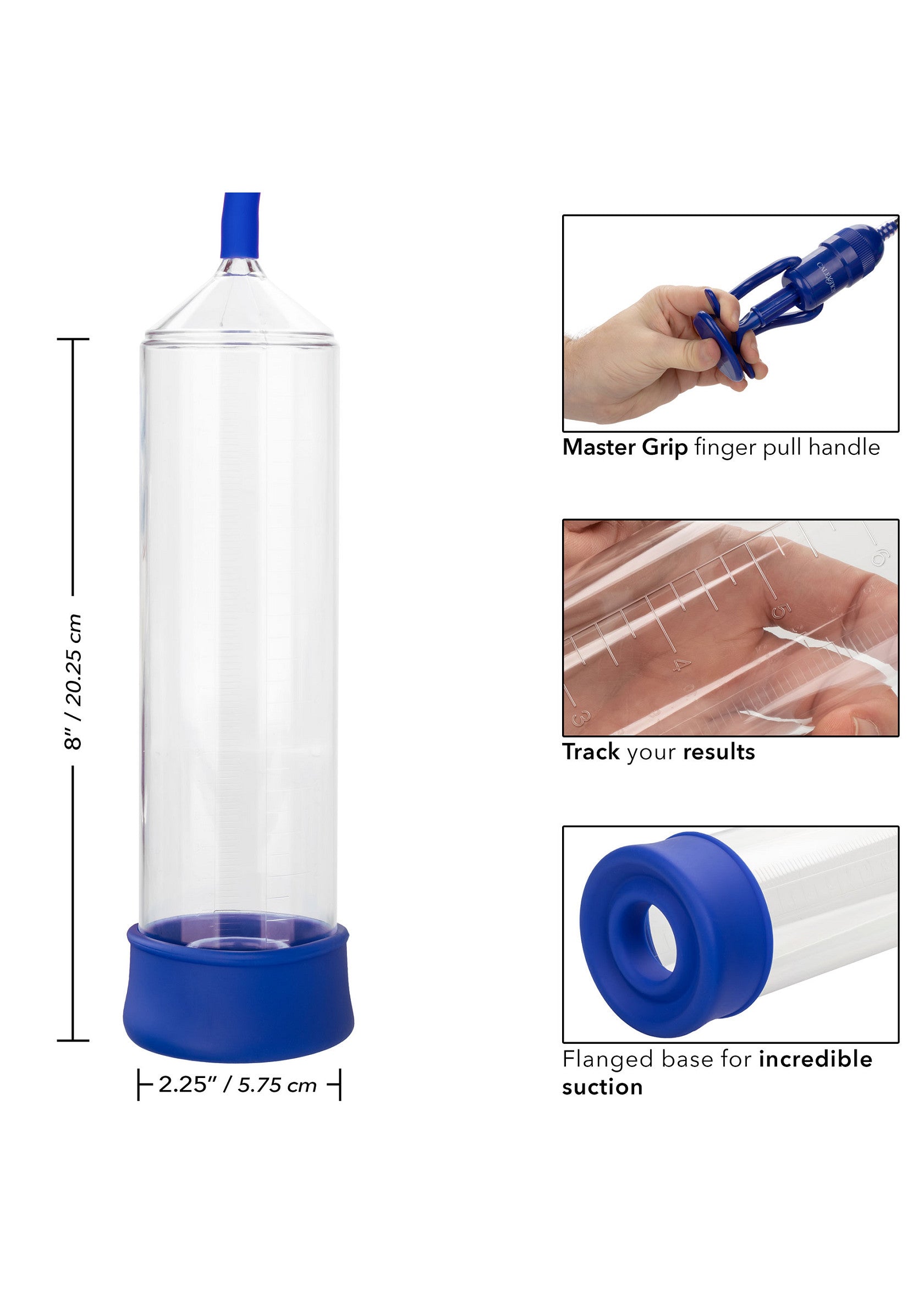 Cylindre de pompe avec poignée, base à bride pour une aspiration incroyable et suivi des résultats.; Pomp cilinder met handgreep, geflensde basis voor ongelooflijke zuigkracht en resultaat tracking.; Pump cylinder with handle, flanged base for incredible suction & track results. 