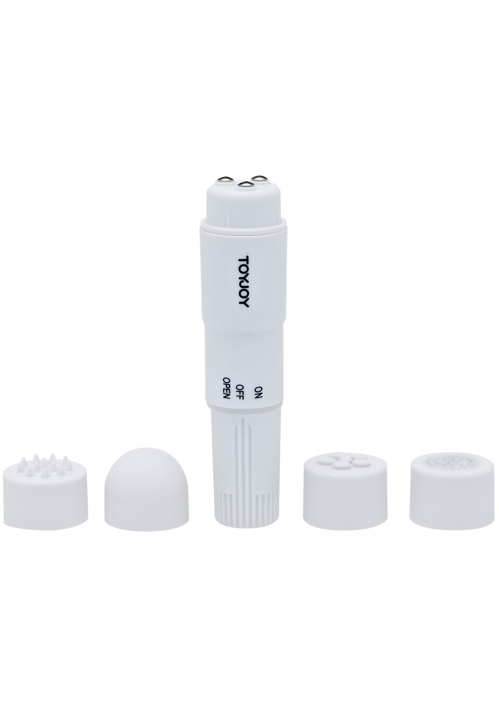 Masseur vibrant ToyJoy blanc avec embouts interchangeables. Détente et plaisir assurés !; Witte ToyJoy vibrerende stimulator met verwisselbare opzetstukken. Ontspanning en plezier gegarandeerd!; White ToyJoy vibrating massager with interchangeable attachments. Relaxation and pleasure guaranteed!