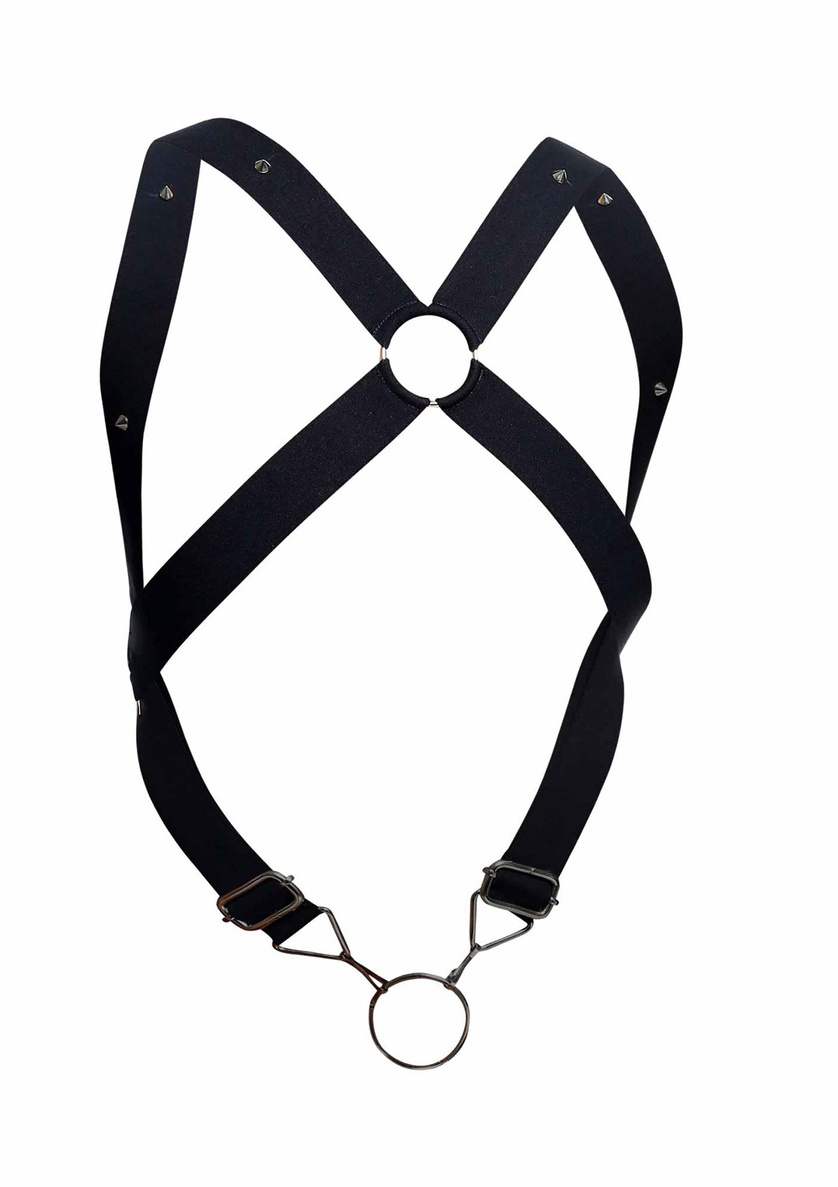 Harnais noir réglable, accessoire de mode unisexe.; Verstelbaar zwart harnas, unisex modeaccessoire.; Adjustable black harness, unisex fashion accessory.