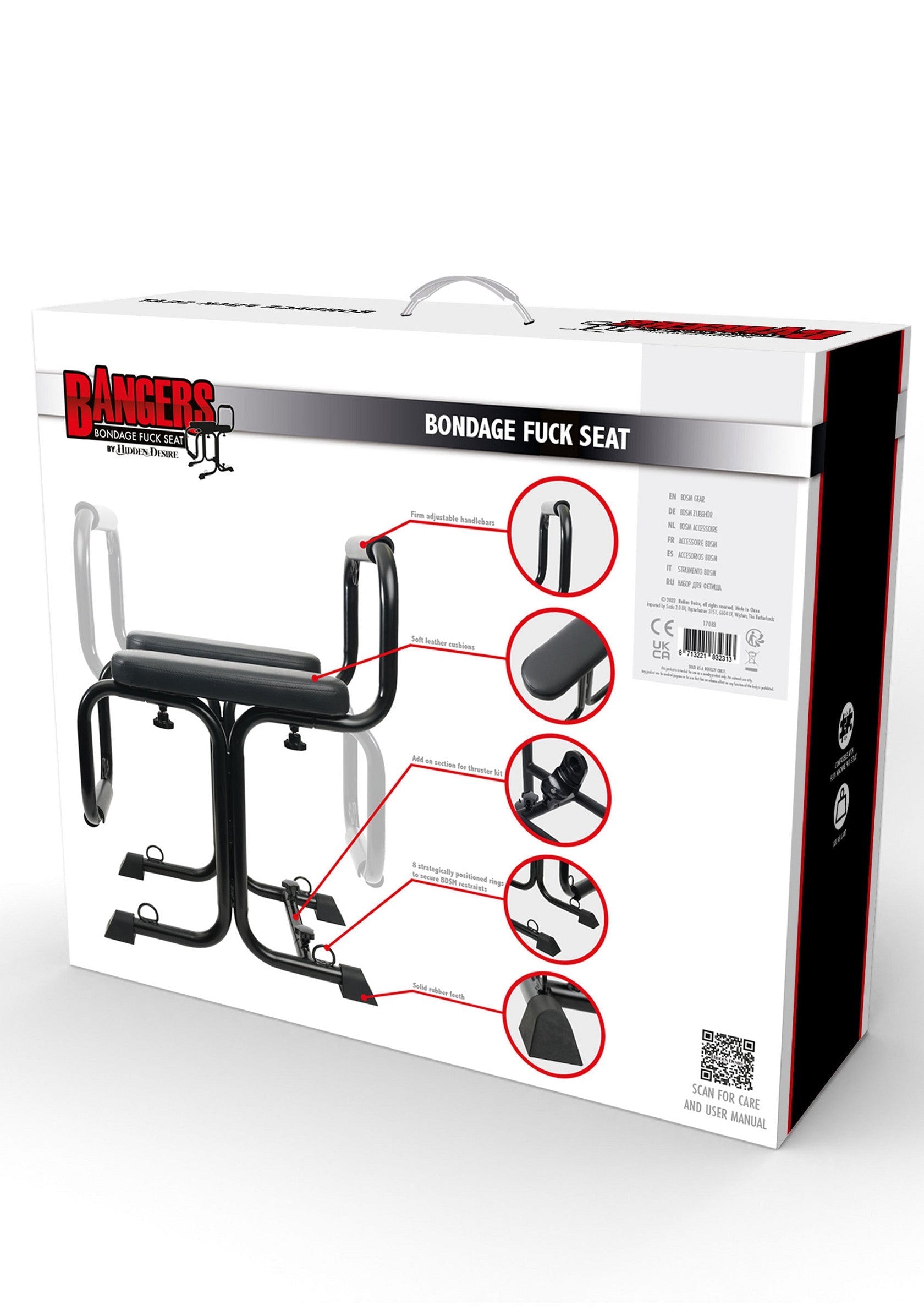Siège de bondage Banger en boite. Jeu sexuel et soumission pour adultes consentants. Disponible à l'achat en ligne.; Banger bondage stoel in doos. Seksueel spel en onderwerping voor volwassen. Beschikbaar voor online aankoop.; Banger bondage seat in box. Sexual play and submission for consenting adults. Available for online purchase.