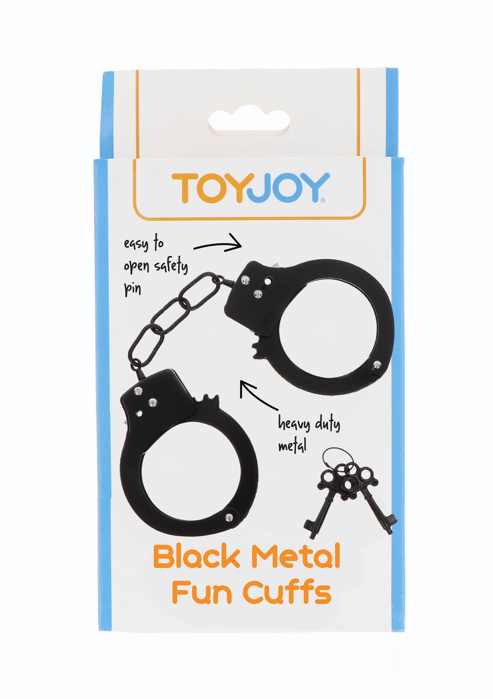 Menottes amusantes en métal noir ToyJoy, parfaites pour s'amuser et pimenter votre vie nocturne.; ToyJoy zwarte metalen fun cuffs, perfect om plezier te maken en je nachtleven wat pit te geven.; ToyJoy black metal fun cuffs, perfect for fun and spicing up your nightlife.