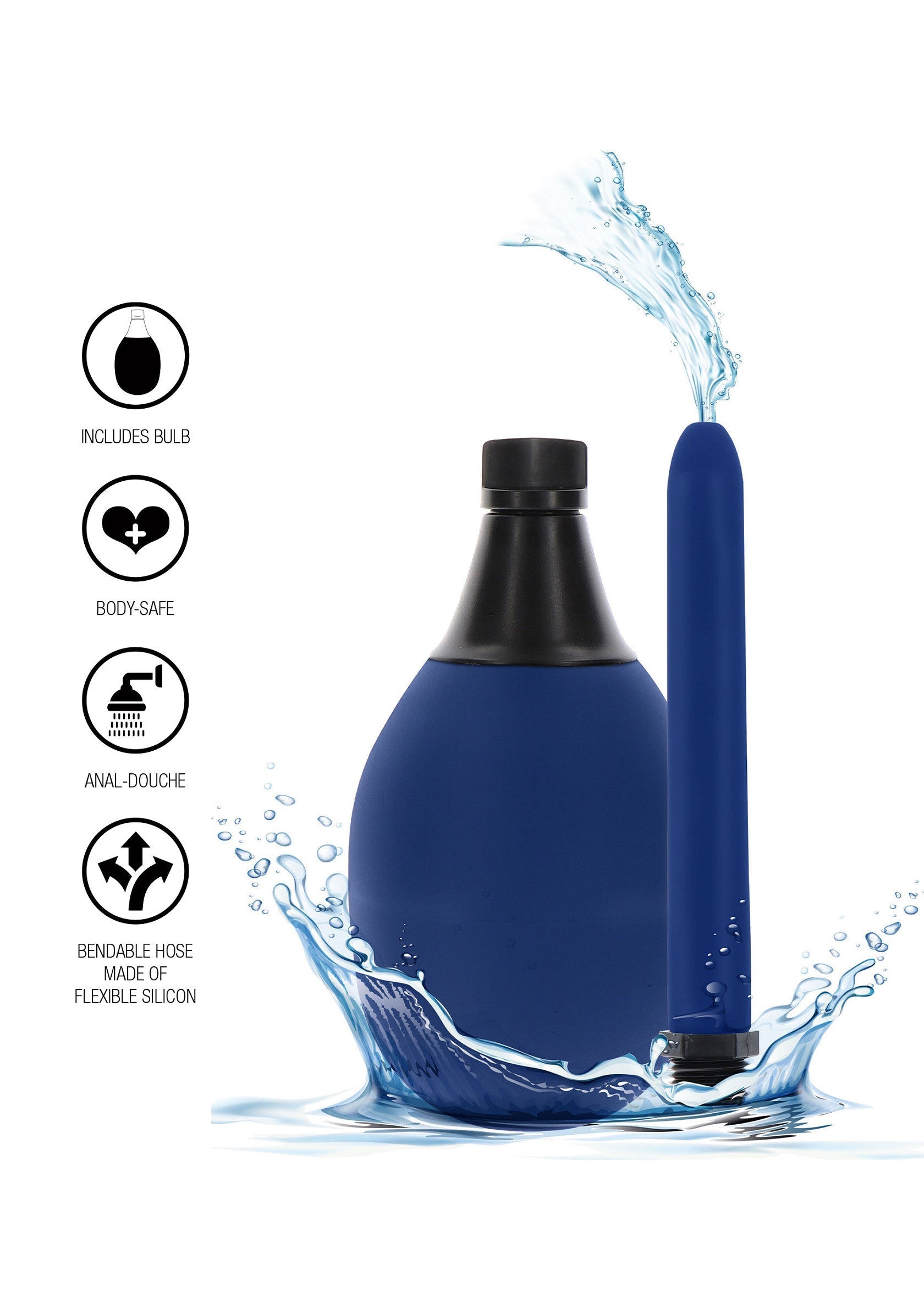 Poire à lavement bleue avec embout flexible en silicone, pour une hygiène intime douce et efficace.; Blauwe klysma-douche met flexibele siliconen slang voor een zachte en effectieve intieme hygiëne.; Blue enema douche with flexible silicone hose for gentle & effective intimate hygiene. Body-safe materials.