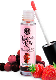 Gloss à lèvres Vibrant Kiss saveur Fraise, pour des lèvres douces et sensuelles. ; Vibrant Kiss lippenstift met aardbeiensmaak voor zachte, sensuele lippen.; Vibrant Kiss Strawberry Gum flavored lip gloss for soft, sensual lips.