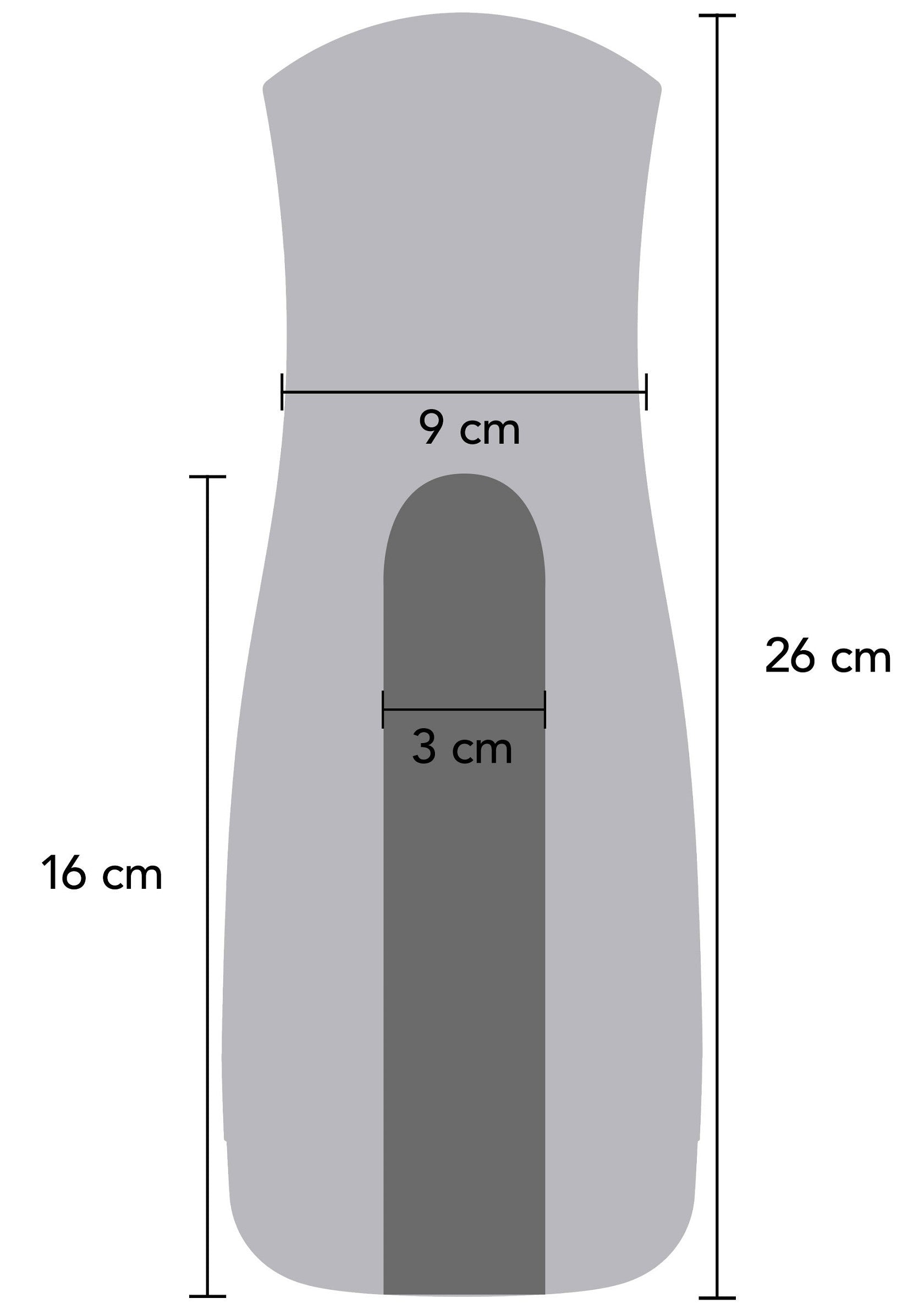 Schéma dimensions produit : hauteur 26cm, ouverture 9cm, insert 3cm, hauteur insert 16cm. Idéal pour visualiser la taille avant achat.; Product afmetingen schema: hoogte 26cm, opening 9cm, inzetstuk 3cm, hoogte inzetstuk 16cm. Ideaal om de maat te visualiseren voor aankoop.; Product dimensions diagram: height 26cm, opening 9cm, insert 3cm, insert height 16cm. Ideal to visualize the size before purchase.